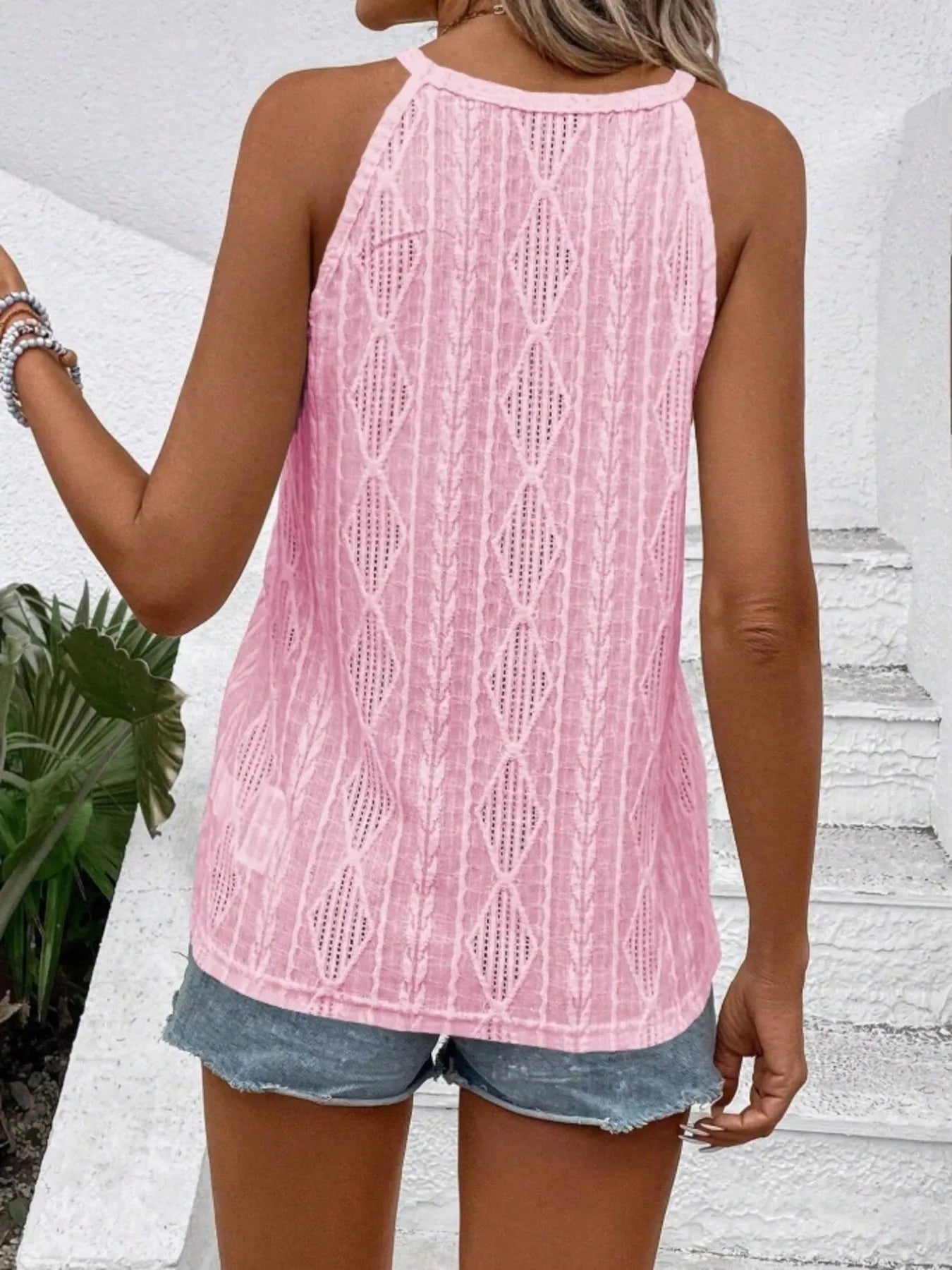 Round Neck Eyelet Textured Tank Top - Be Bliss Boutique