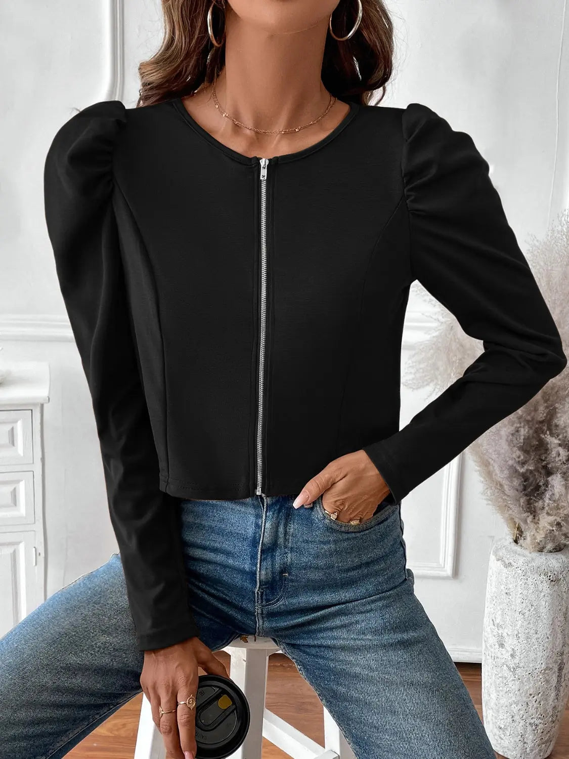Black Zip Up Long Sleeve Jacket - Be Bliss Boutique