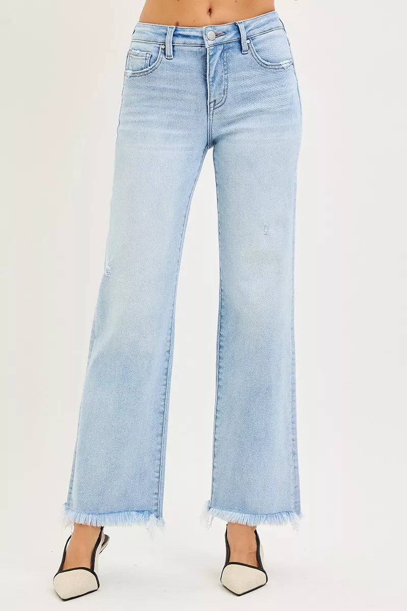 RISEN Jeans - Tummy Control Mid Rise Ankle Straight Fray Hem Jeans - Be Bliss Boutique