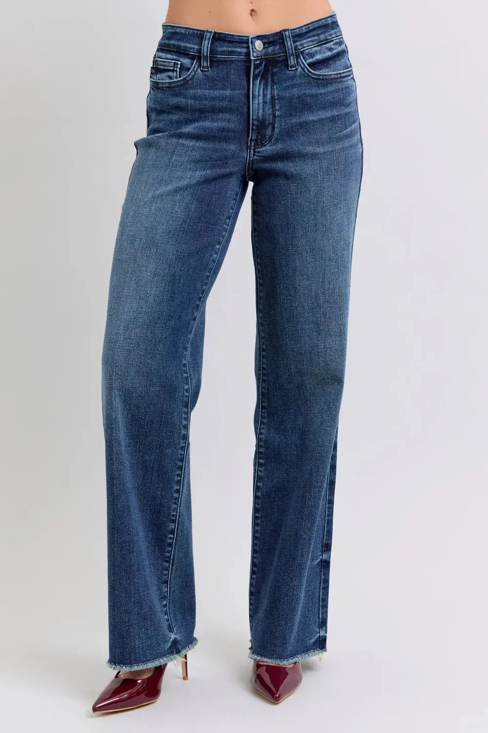 Full Size/Plus Size Raw Hem Mid Rise Judy Blue Jeans - Be Bliss Boutique