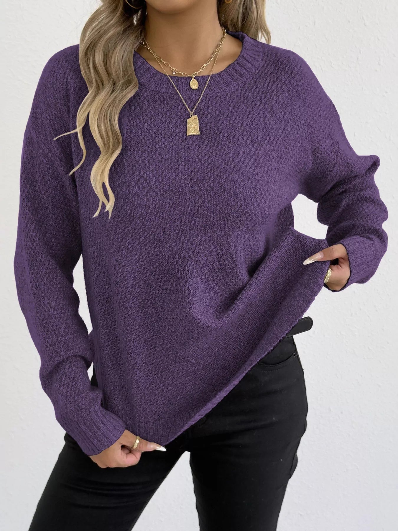 Textured Knit Relaxed Fit Round Neck Sweater - Be Bliss Boutique