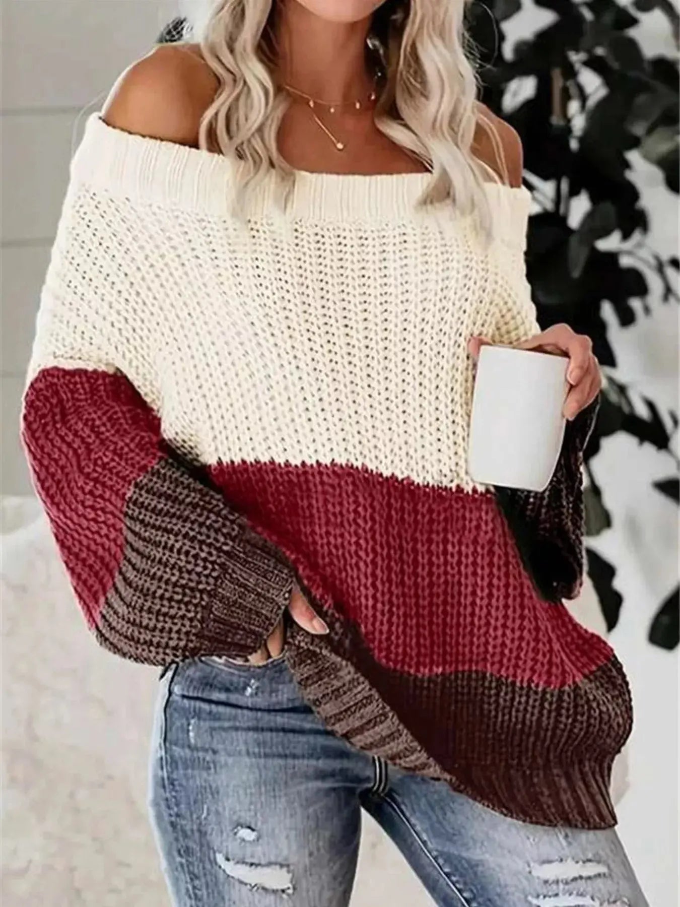 Color Block Off Shoulder Sweater - Be Bliss Boutique