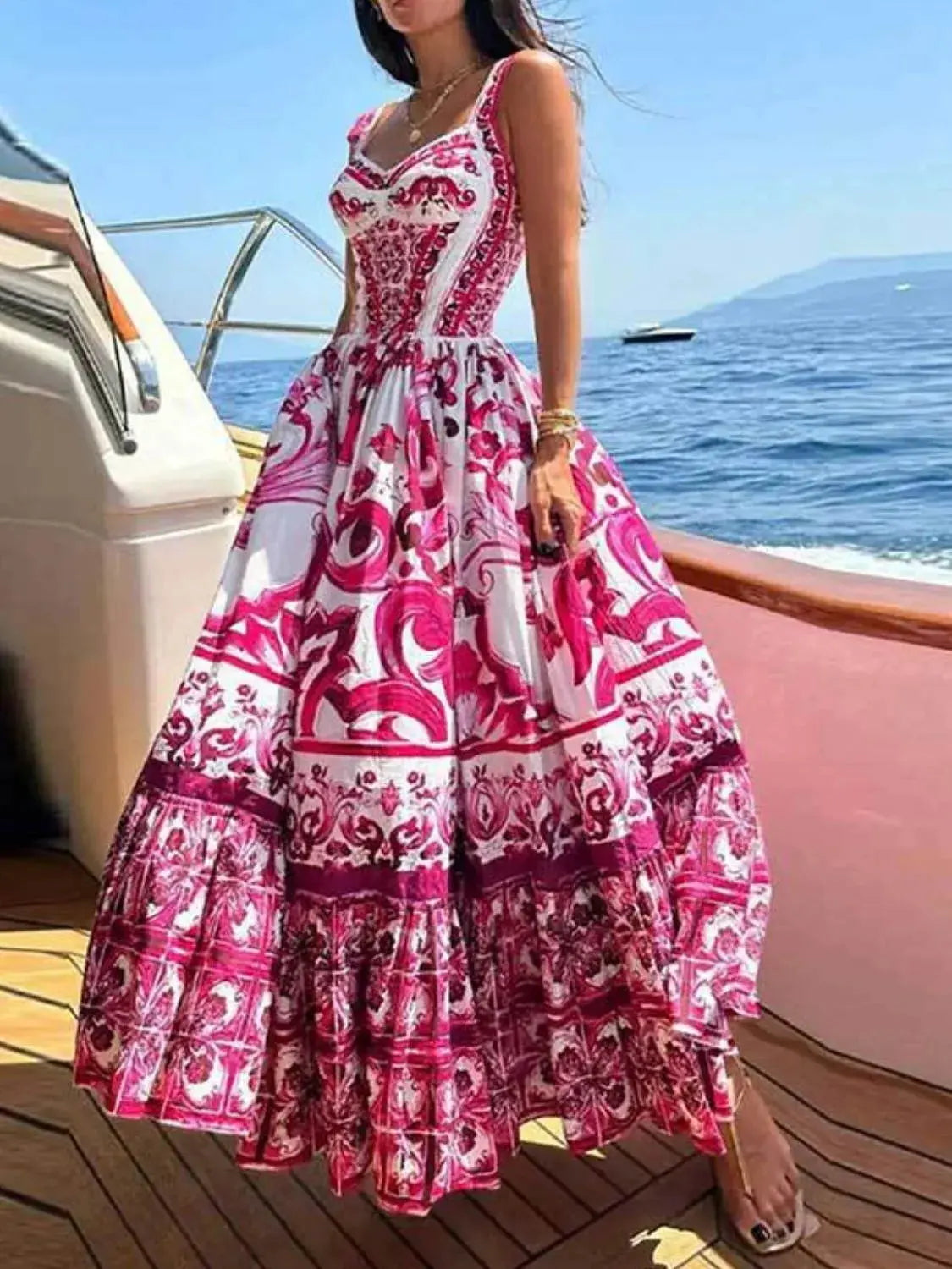 Smocked Blue Tile Print Wide Strap Midi Dress - Be Bliss Boutique