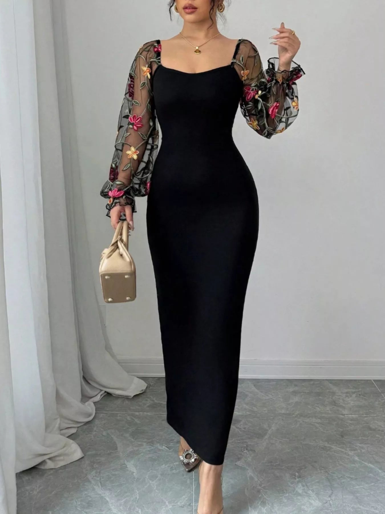 Sheer Floral Mesh Sleeves Black Bodycon Dress - Be Bliss Boutique