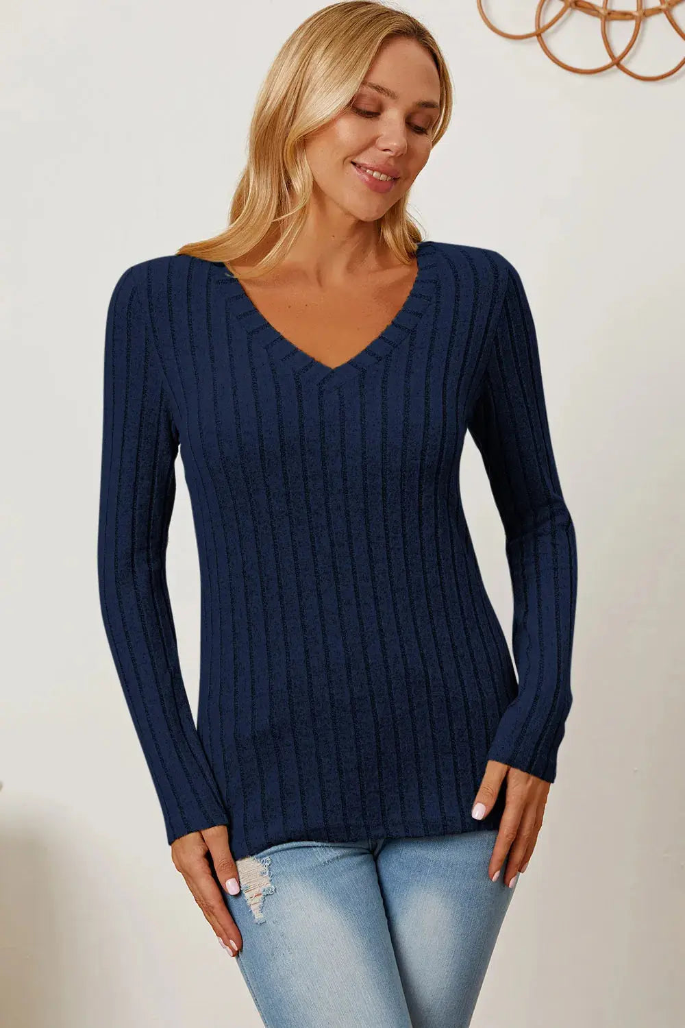 Basic Bae Full Size Ribbed V-Neck Long Sleeve T Shirt for Women - Be Bliss Boutique