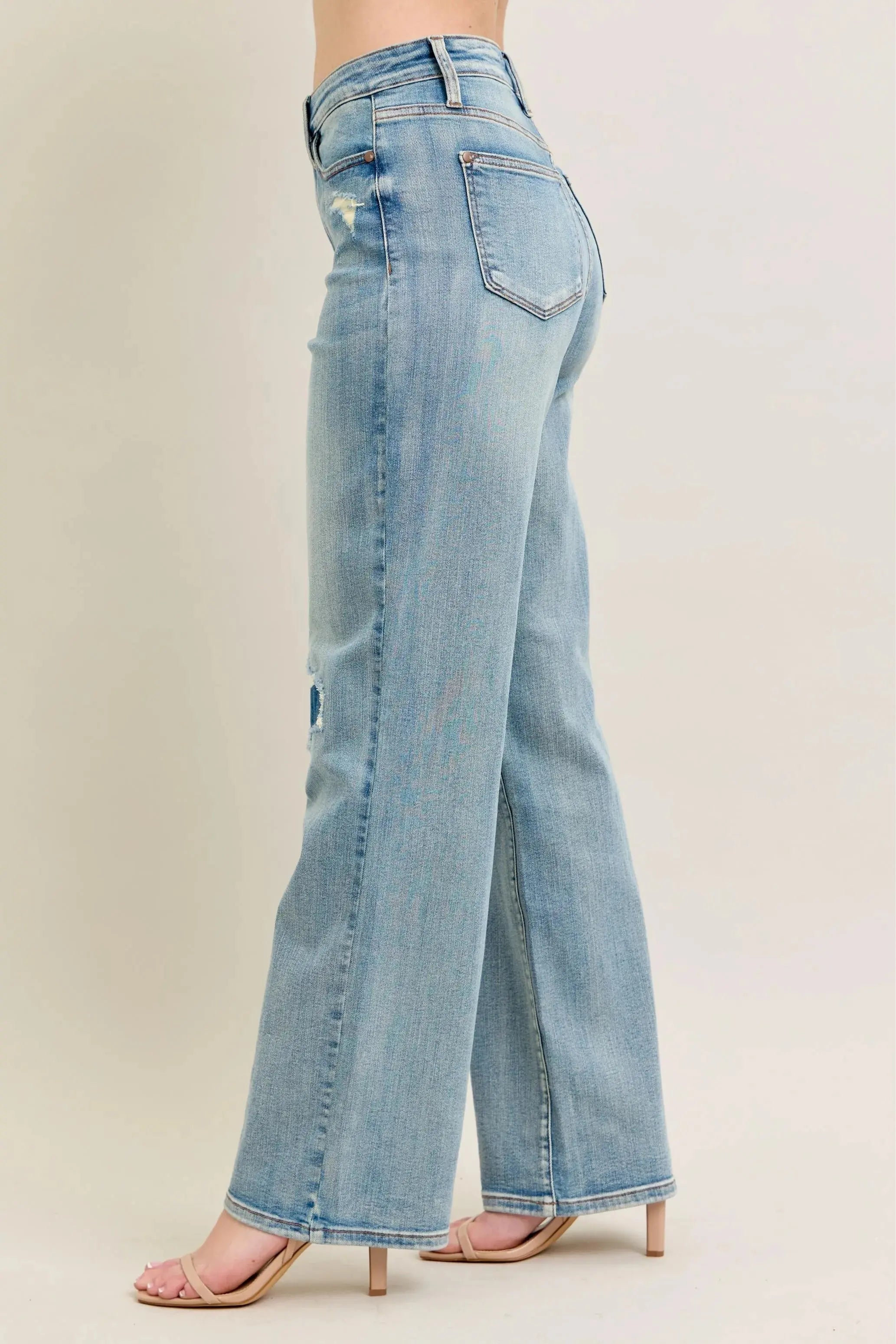Judy Blue Jeans -Plus Size High Waist Destroy & Knee Patch Straight Leg - Be Bliss Boutique