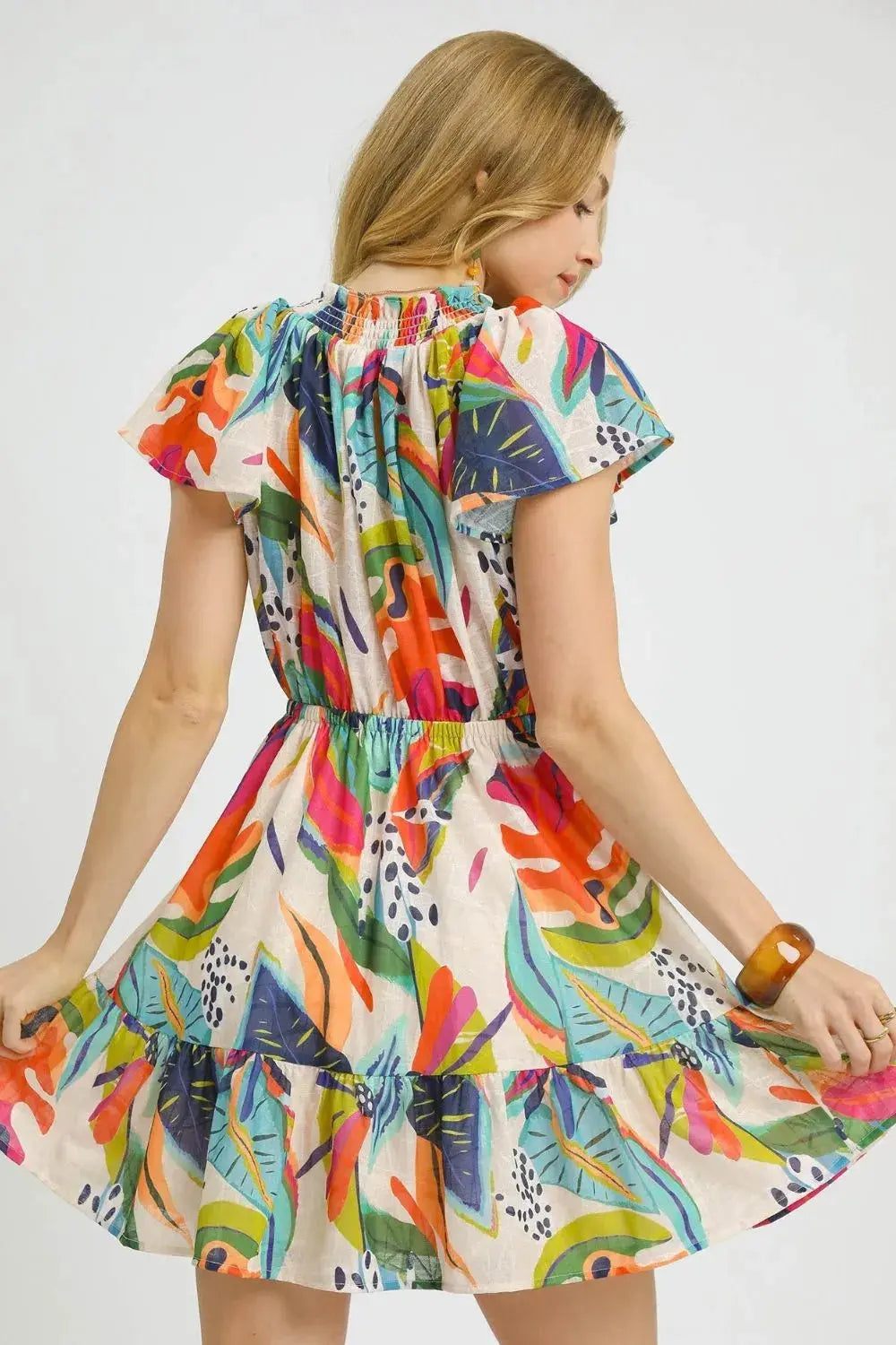 Umgee Tie Neck Ruffle Hem Tropical Mini Dress - Be Bliss Boutique