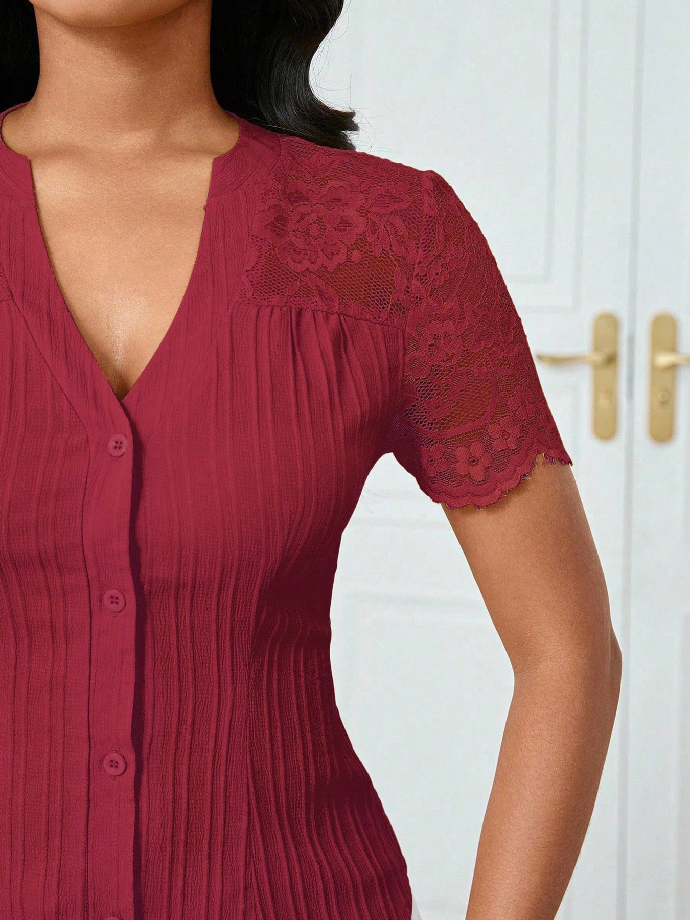 Button Up Lace Sleeve Blouse - Be Bliss Boutique