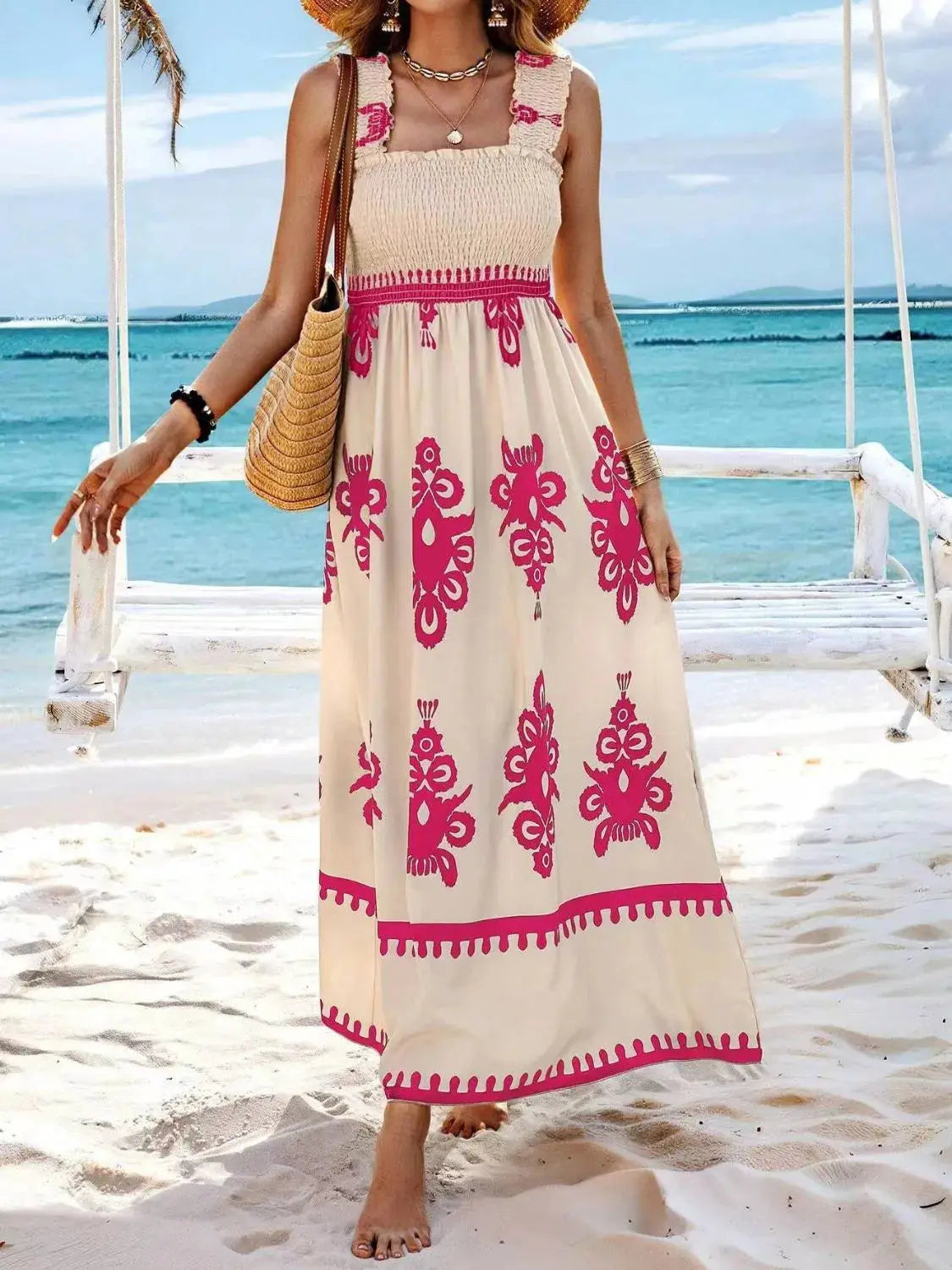 Smocked Printed Wide Strap Maxi Dress - Be Bliss Boutique