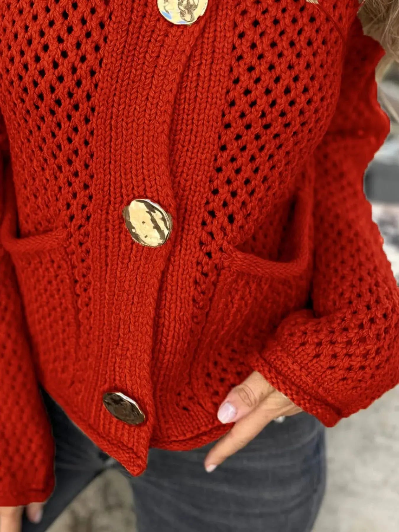 Crochet Button Up Long Sleeve Cardigan - Be Bliss Boutique