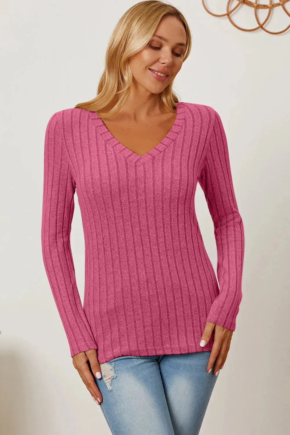 Basic Bae Full Size Ribbed V-Neck Long Sleeve T Shirt for Women - Be Bliss Boutique