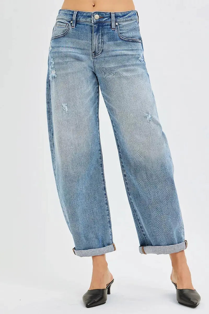 RISEN Jeans - Full Size Slouchy Ankle Length Barrel Jeans with Cuffs - Be Bliss Boutique