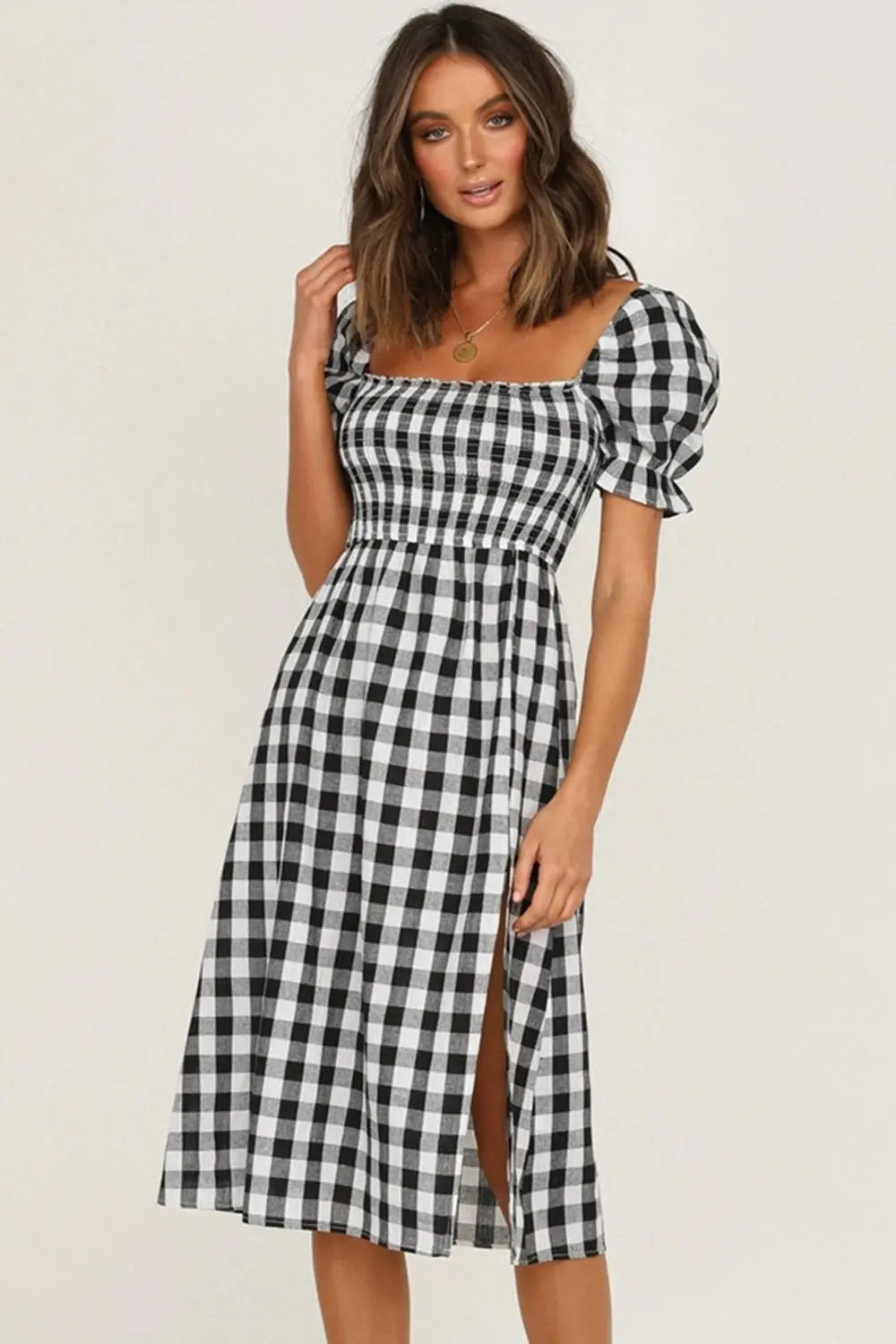 Full Size Slit Plaid Short Sleeve Midi Dress - Be Bliss Boutique