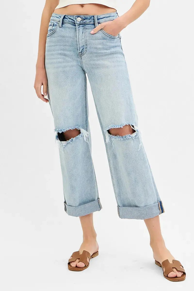 Full Size/Plus Size Mid Rise Fit Boyfriend RISEN Jeans with Cuff - Be Bliss Boutique