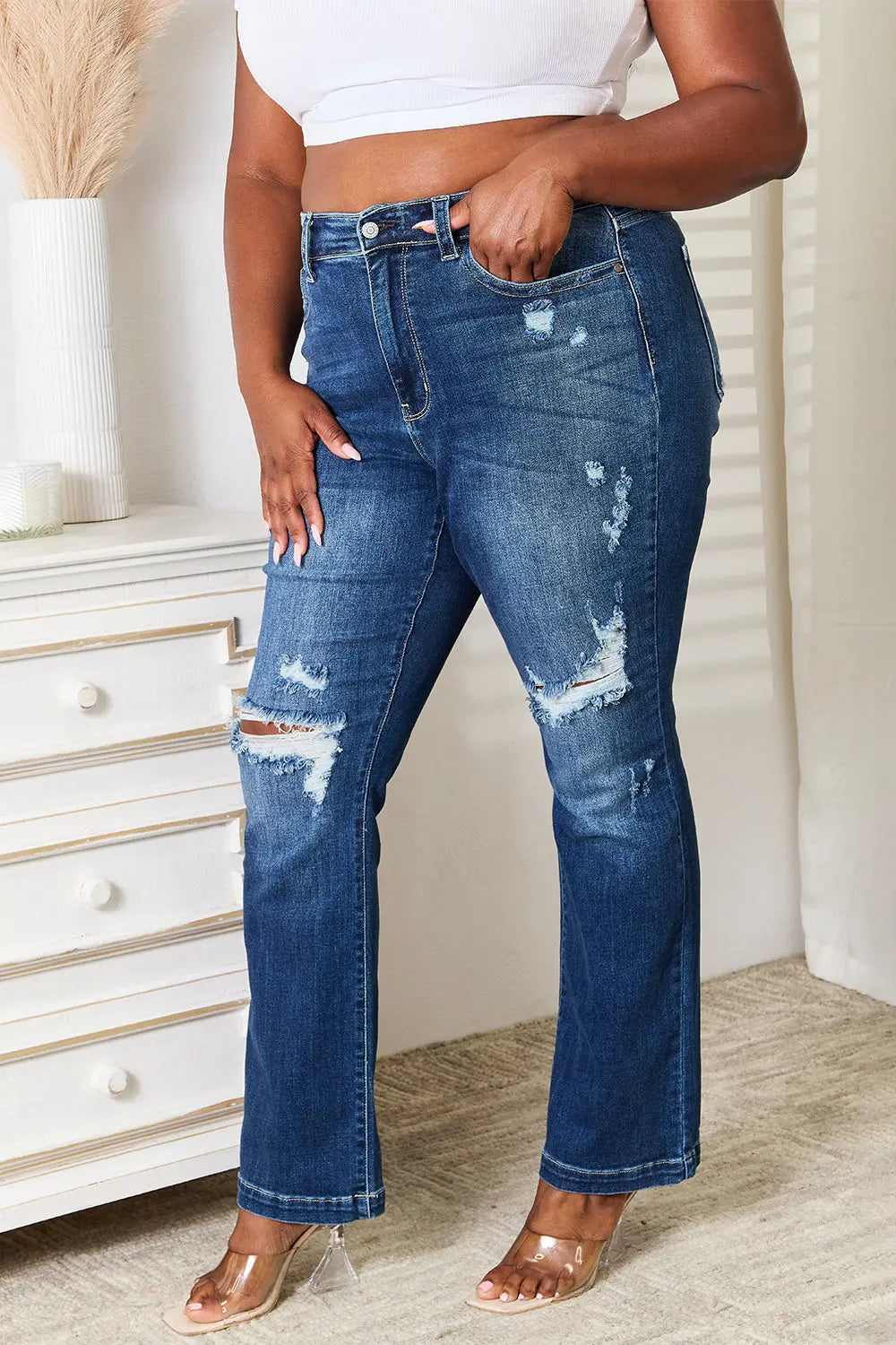 Full Size Mid Rise Hand Sand & Destroy Bootcut Judy Blue Jeans - Be Bliss Boutique