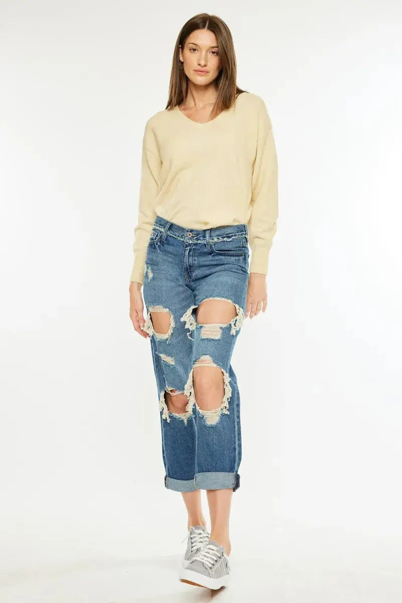 Distressed Mid Rise True Kancan Boyfriend Jeans - Be Bliss Boutique