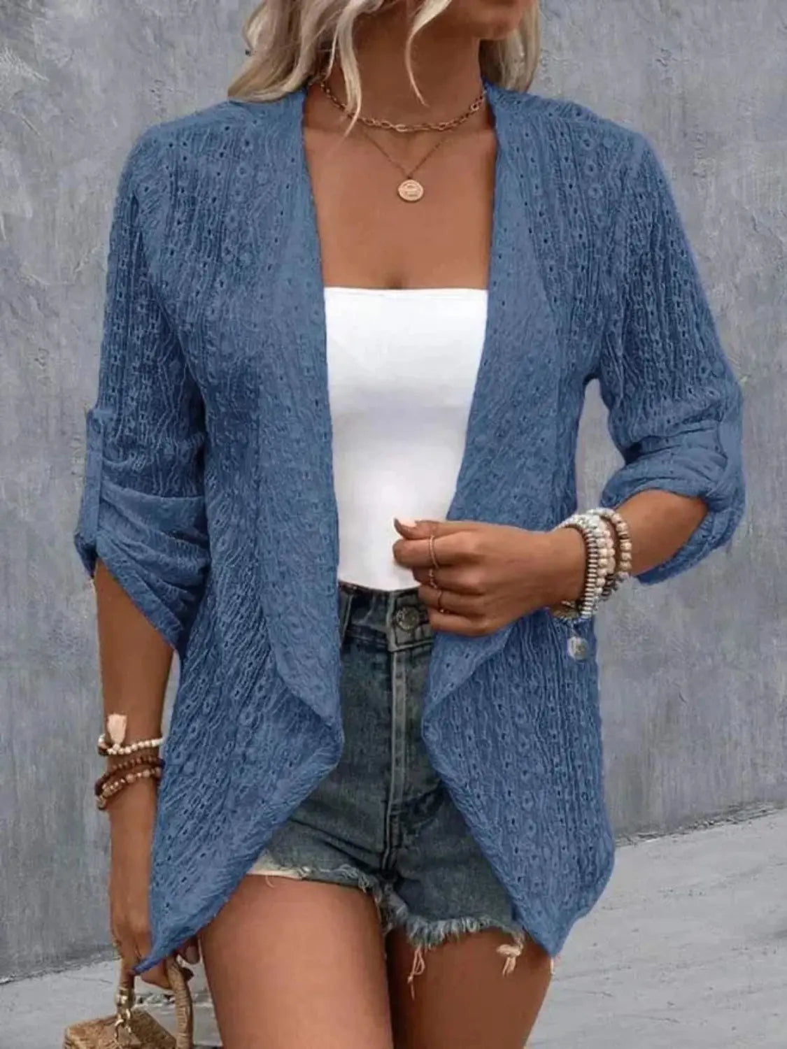 Eyelet Roll-Tab Sleeve Cardigan - Be Bliss Boutique