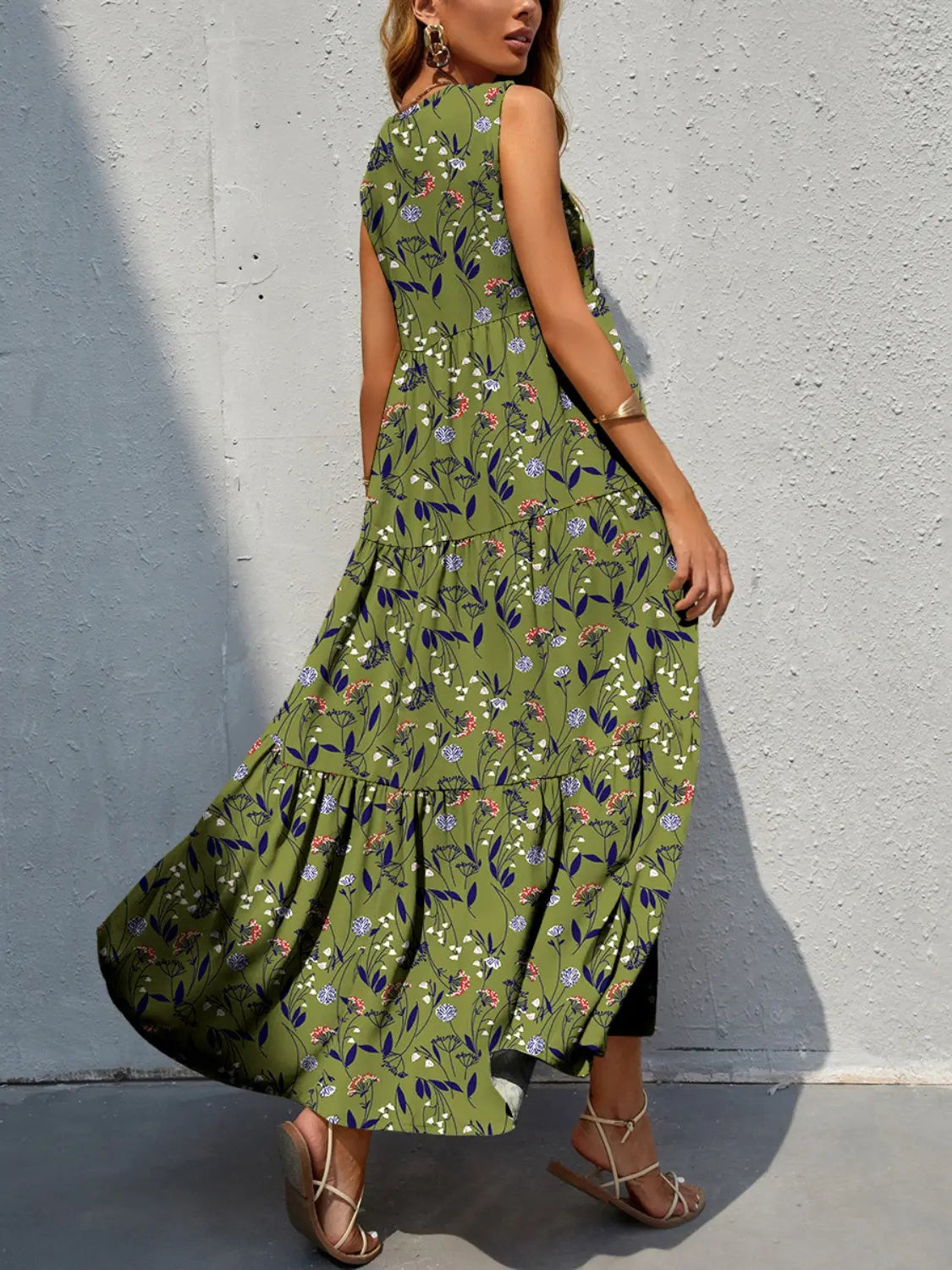 Tiered Printed V-Neck Sleeveless Dress - Be Bliss Boutique
