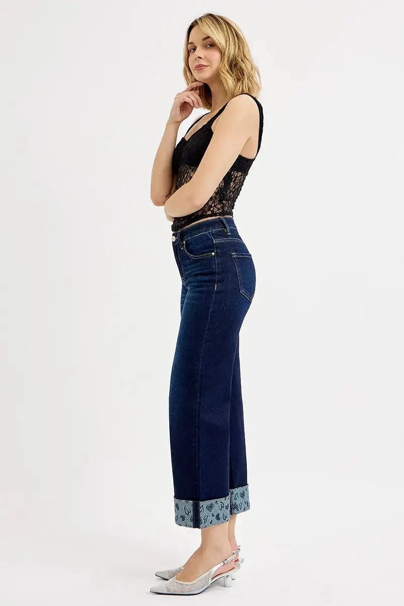 RISEN Jeans - Full Size Mid Rise Fit Crop Wide Leg with Printed Cuff - Be Bliss Boutique