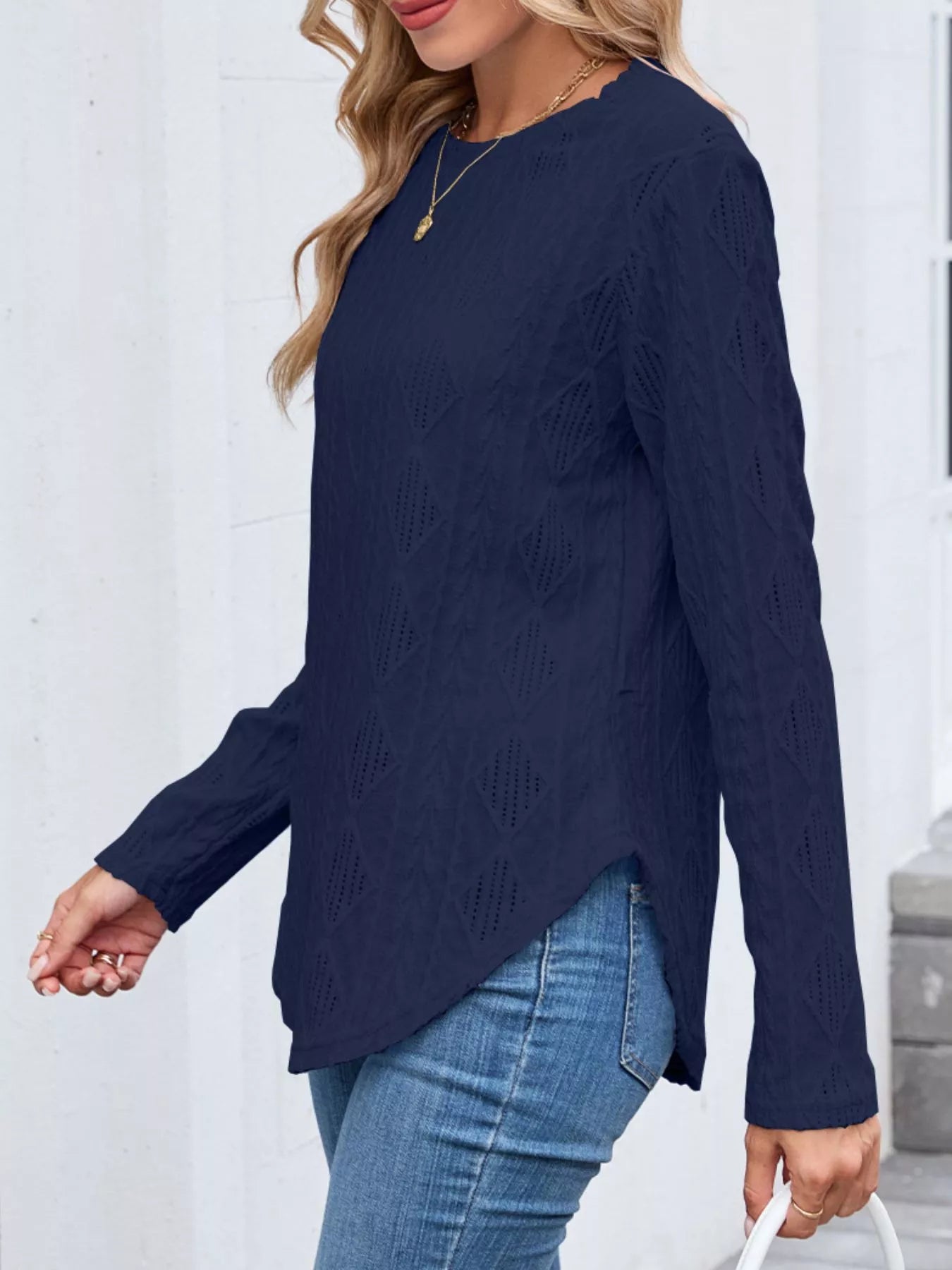 Openwork Textured Long Sleeve Top - Be Bliss Boutique