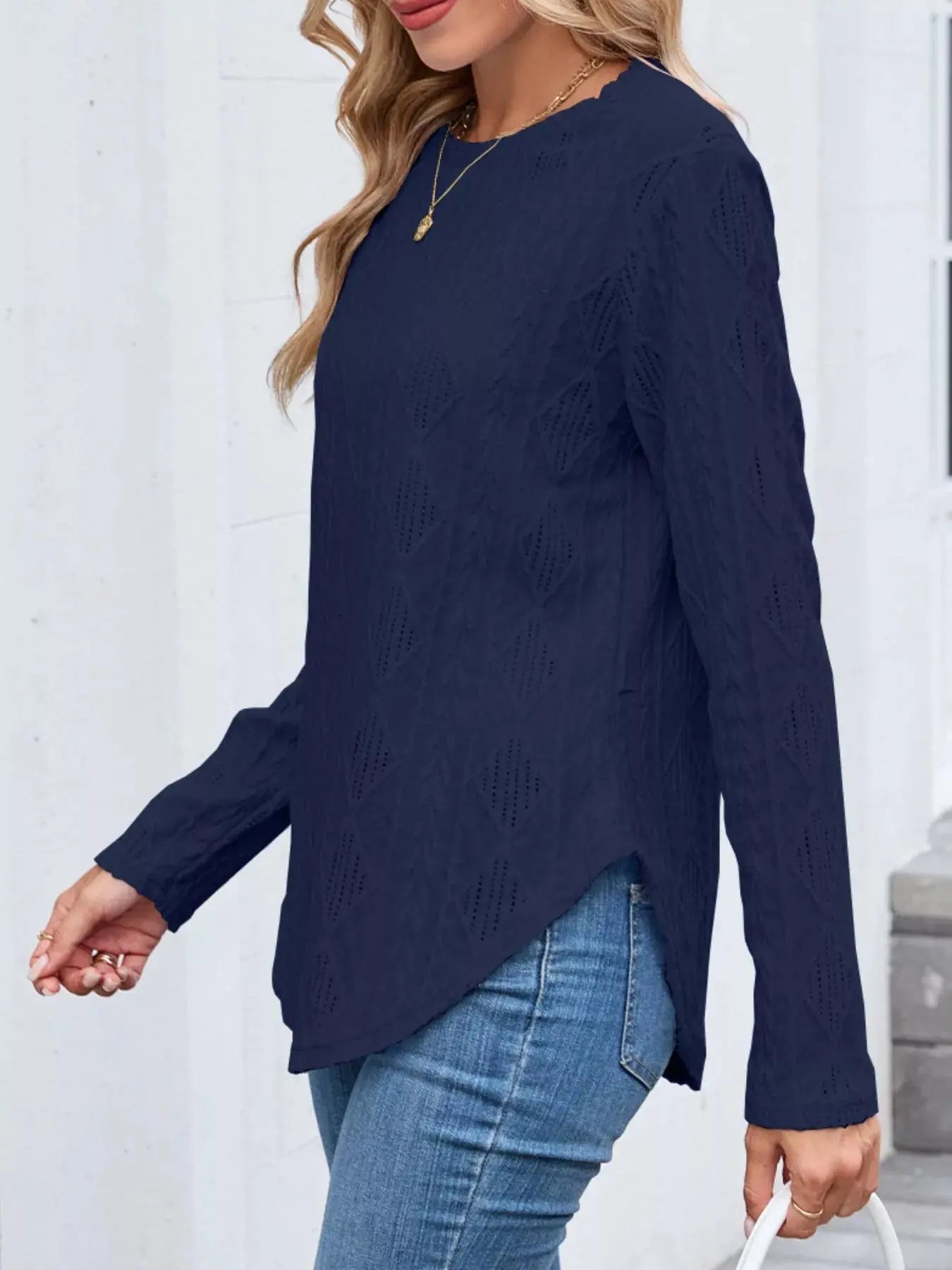 Openwork Textured Long Sleeve Top - Be Bliss Boutique