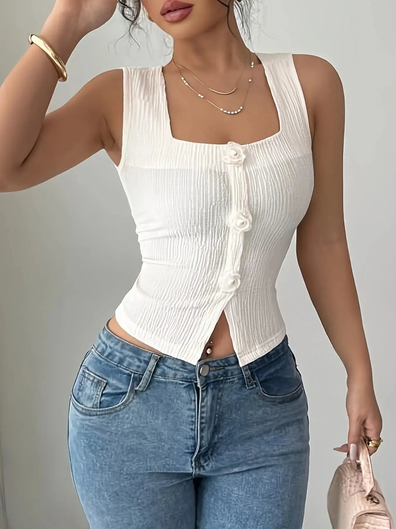 Flower Button Square Neck Tank - Be Bliss Boutique