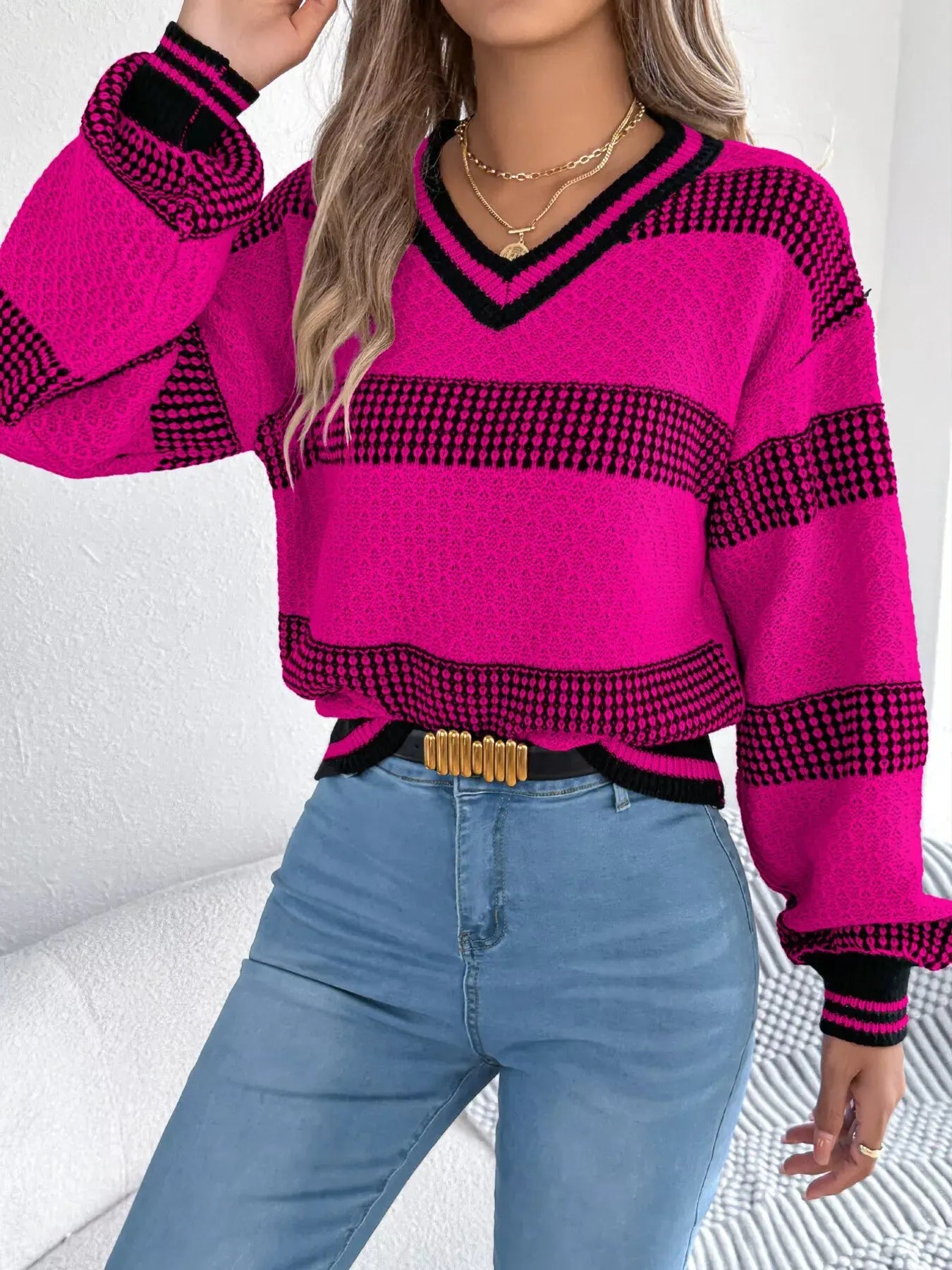 Contrast Striped V Neck Sweater - Be Bliss Boutique