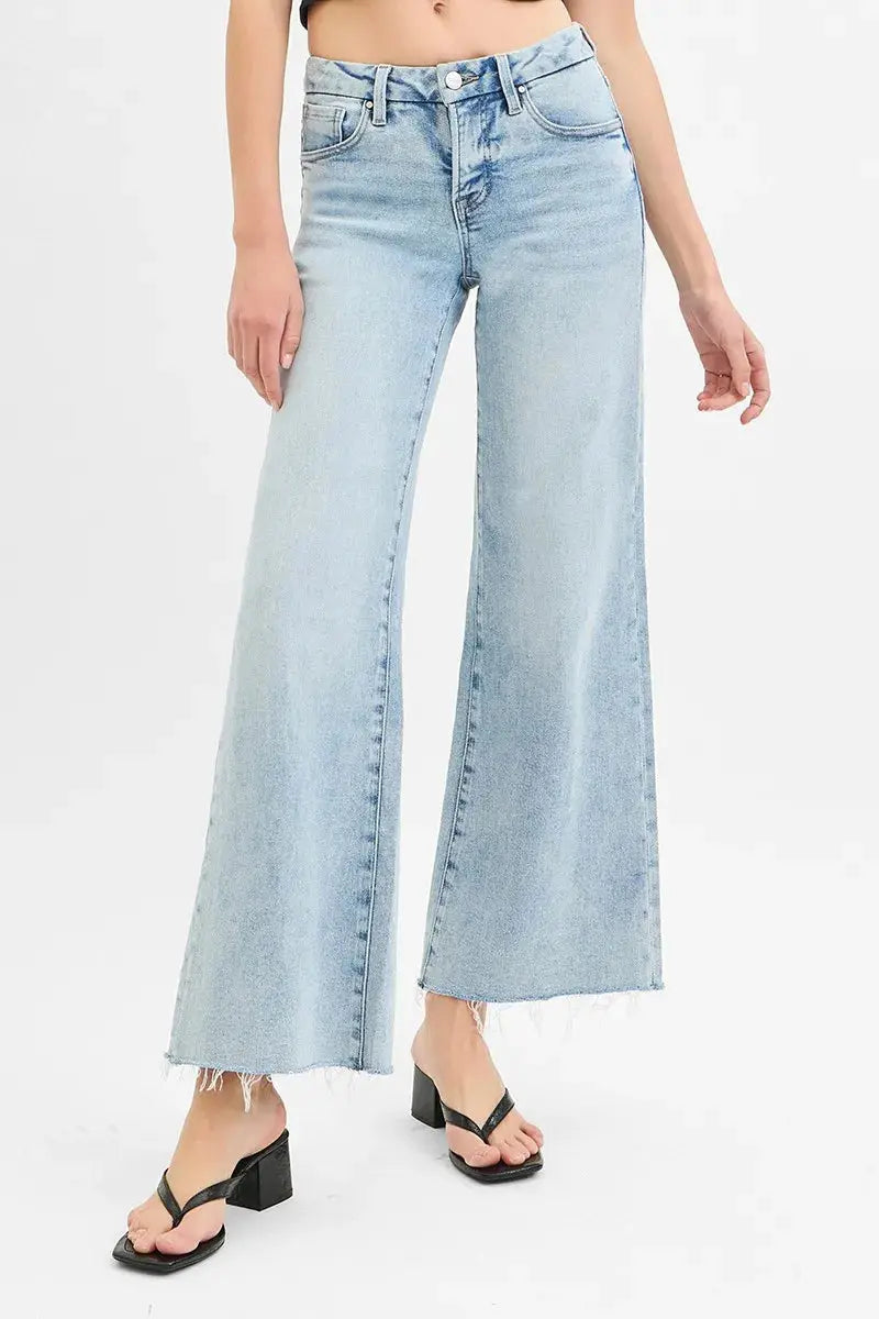 Full Size Tummy Control Low Rise Wide Leg Raw Cut Hem RISEN Jeans - Be Bliss Boutique
