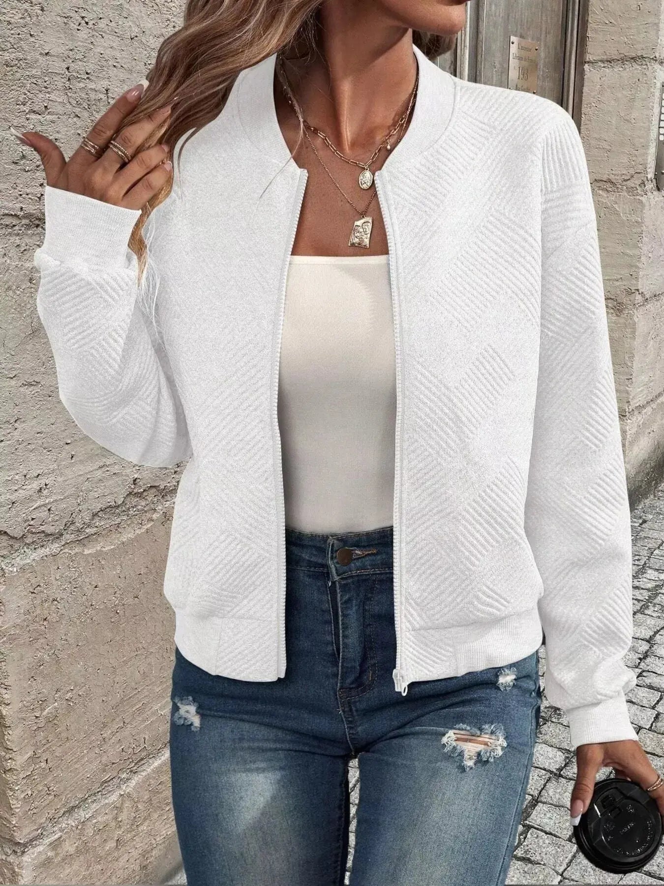 Texture Zip Up Bomber Jacket - Be Bliss Boutique