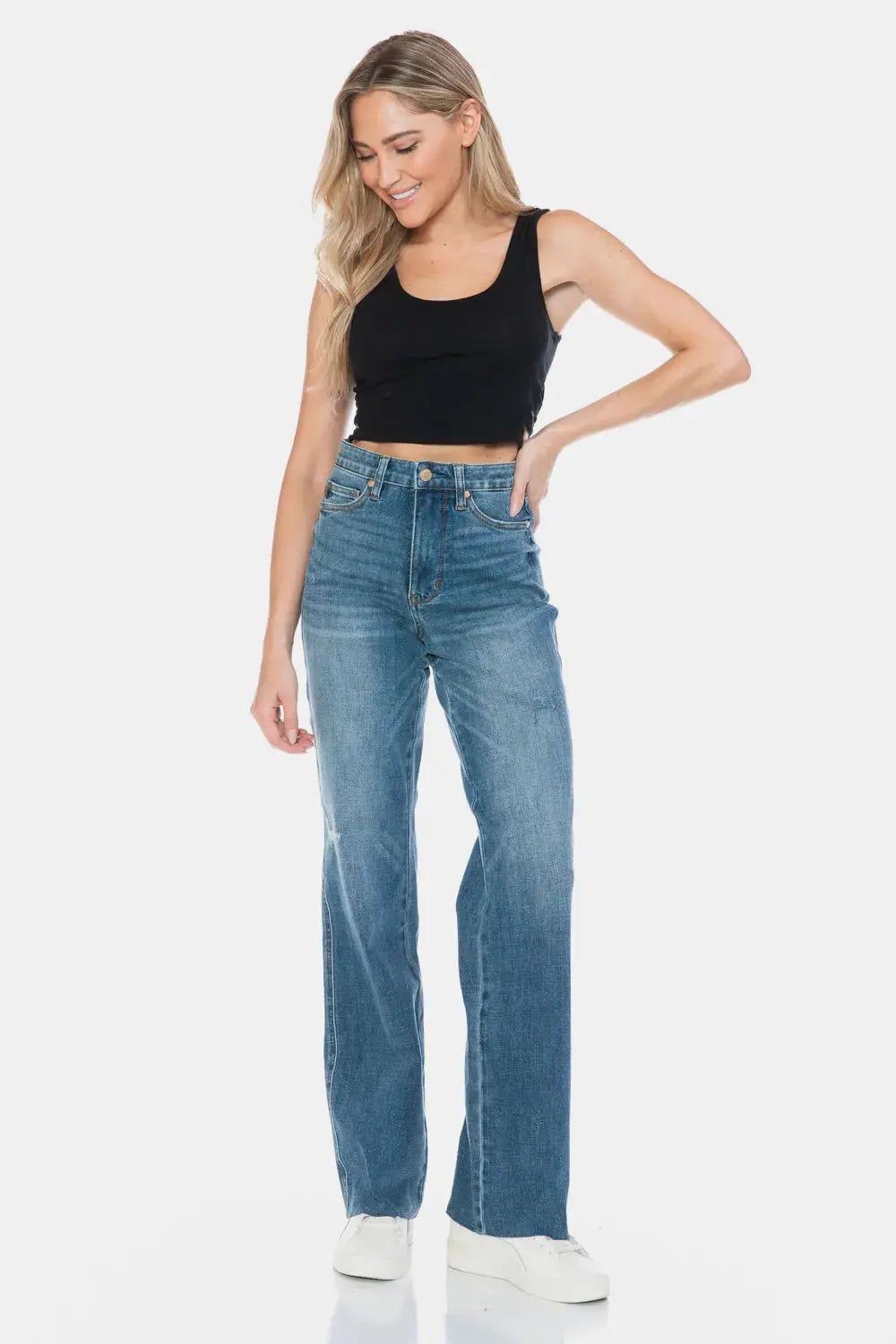 Full Size/Plus Size Tummy Control Cut Raw Hem Straight Judy Blue Jeans - Be Bliss Boutique