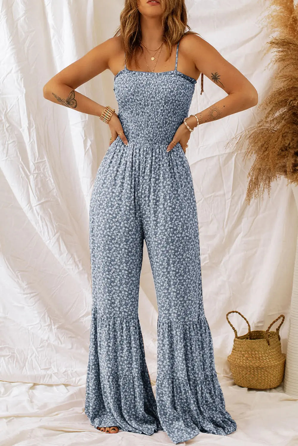 Smocked Printed Wide Strap Jumpsuit - Be Bliss Boutique