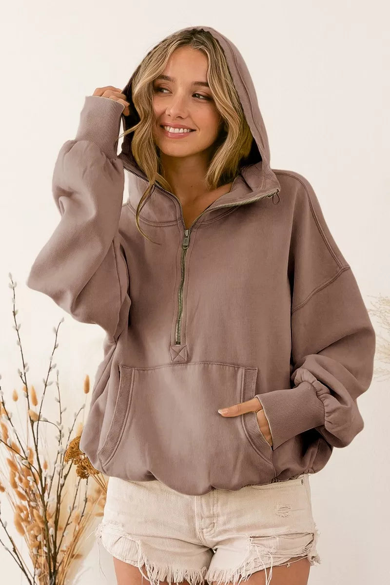 BiBi Stitch Detailed Elastic Hem Half Zip Fleece Hoodie - Be Bliss Boutique