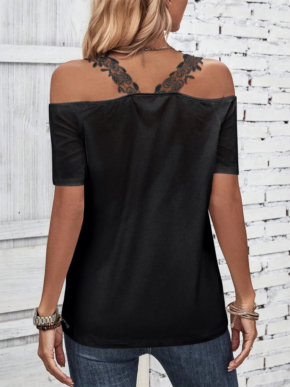 Full Size Lace Detail Short Sleeve T-Shirt - Be Bliss Boutique