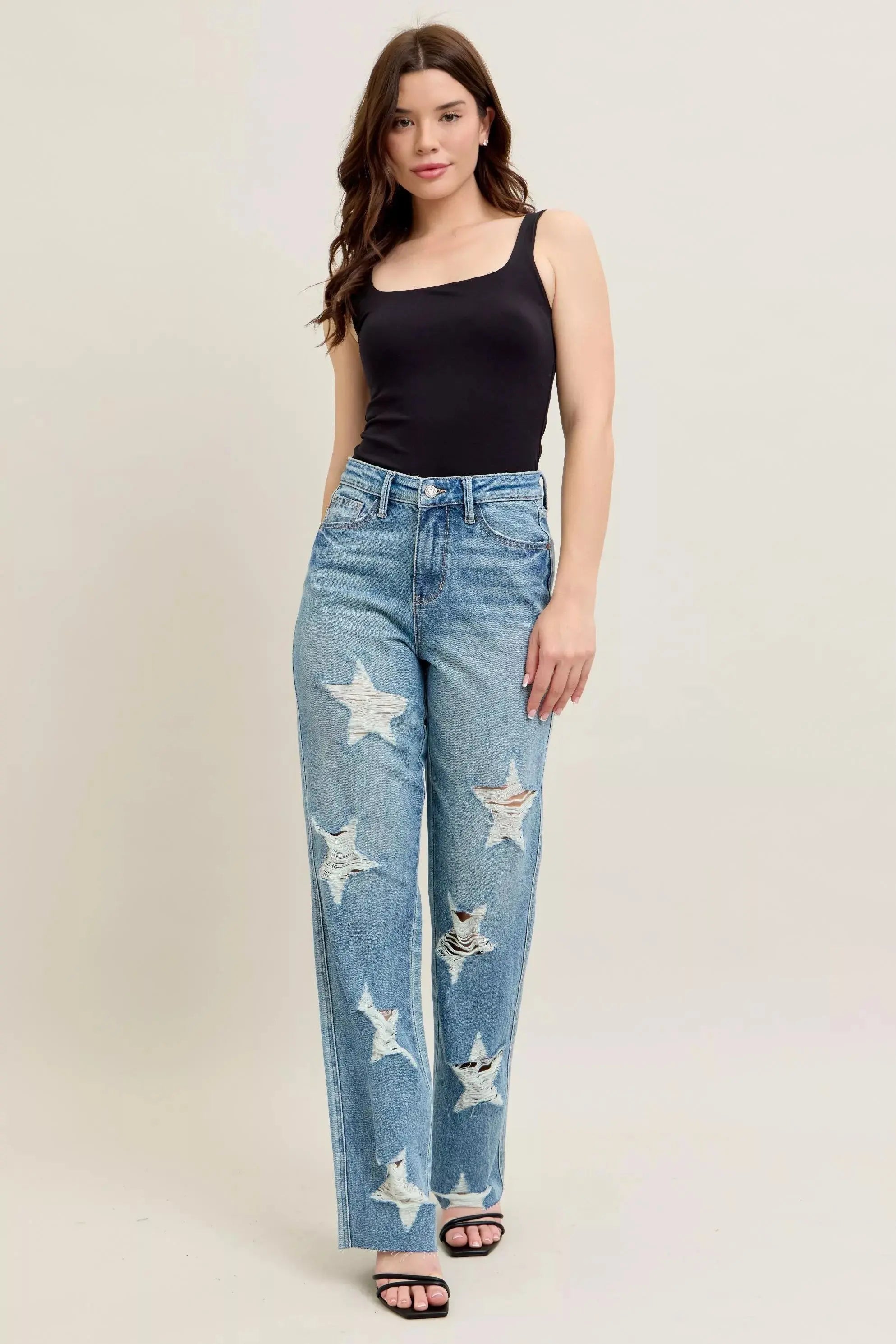 Judy Blue Full Size High Waist Rigid 90's Straight Jeans with Magic Star Shaped Destroy - Be Bliss Boutique