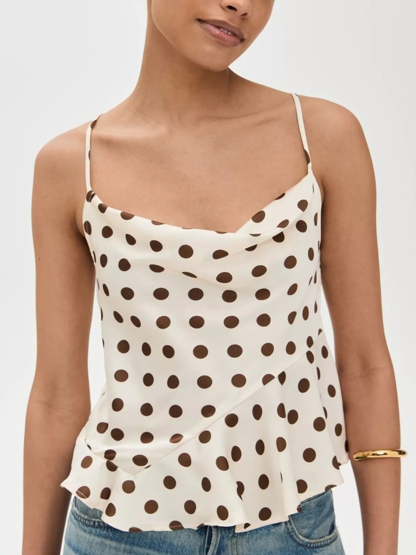 Cowl Neck Polka Dot Cami with Crisscross Back Tie - Be Bliss Boutique