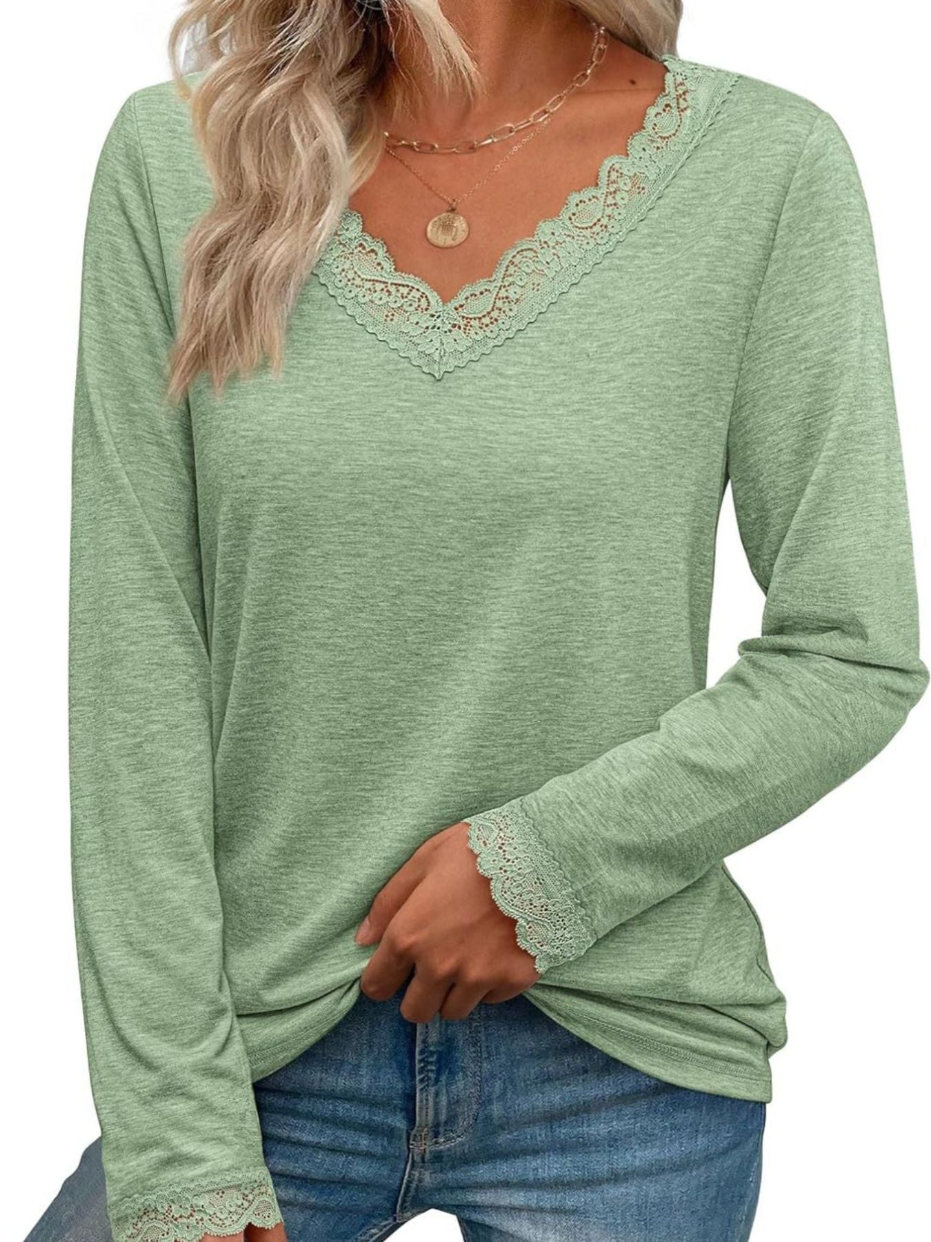 Women's Lace Trim V Neck Long Sleeve Top - Be Bliss Boutique