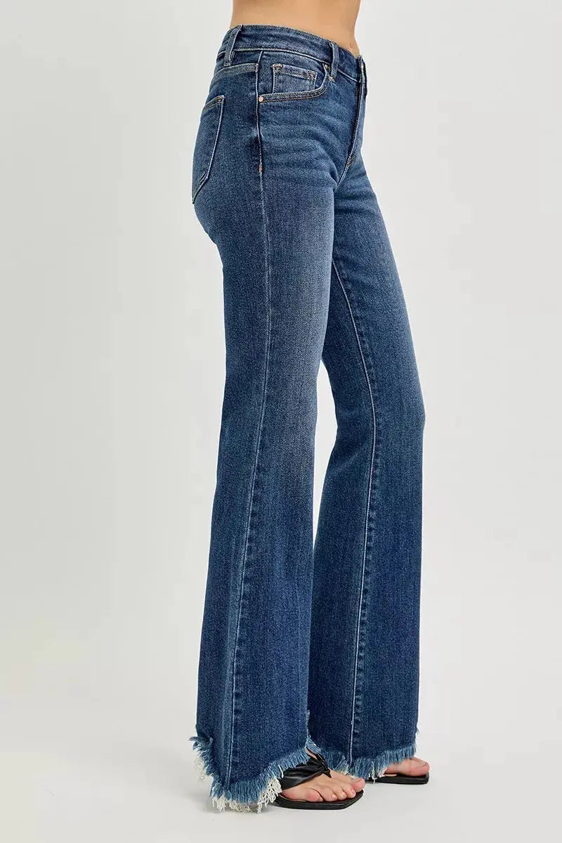 RISEN Jeans - Full Size Mid Rise Flare Frayed Hem Jeans - Be Bliss Boutique