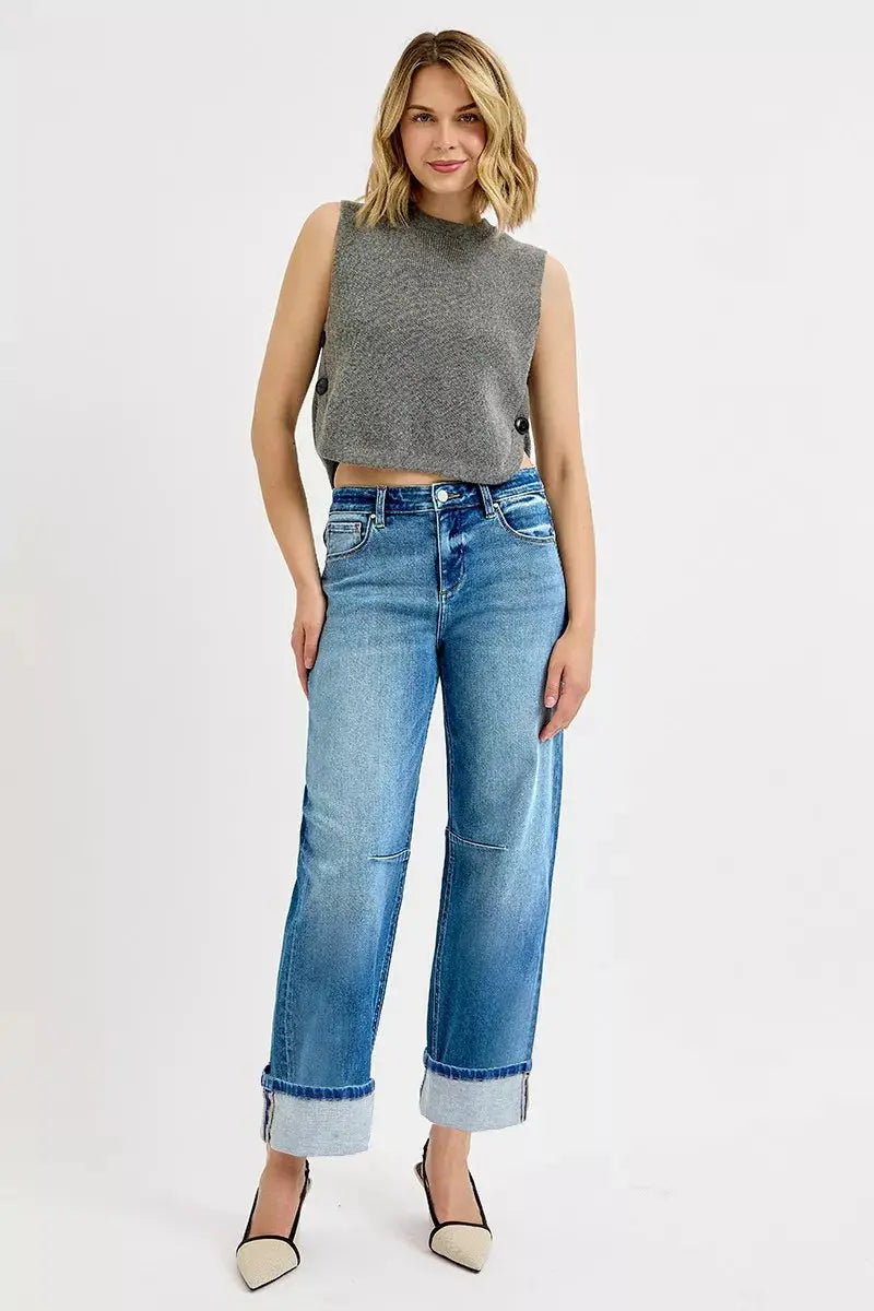 RISEN Jeans - Slouchy Crop Barrel Cuffed Jeans - Be Bliss Boutique
