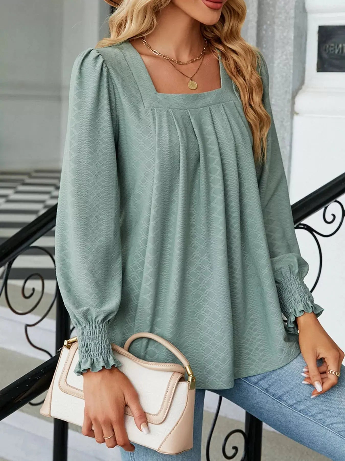Pleated Square Neck Long Sleeve Top - Be Bliss Boutique