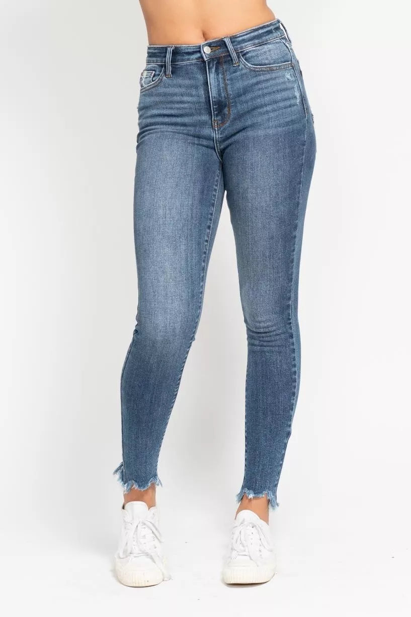 Judy Blue Jeans - High Waist Skinny Jeans with Destroy & Shark Bit Hem - Be Bliss Boutique