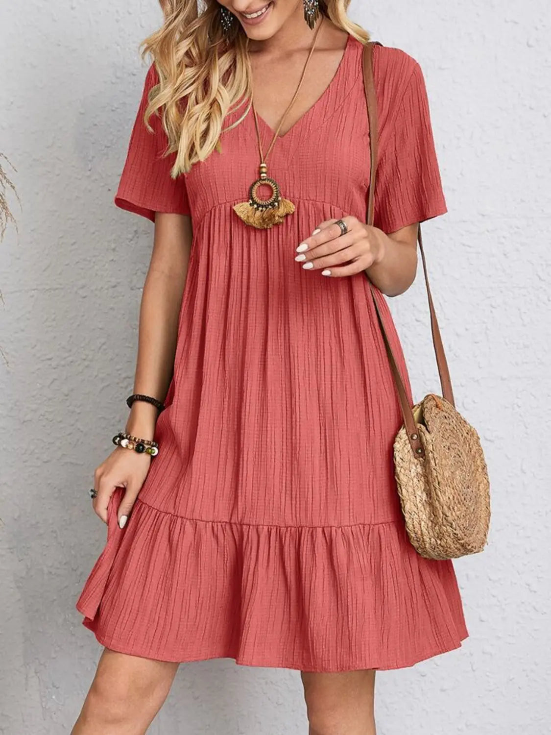 Boho Textured V-Neck Short Sleeve Babydoll Dress - Be Bliss Boutique