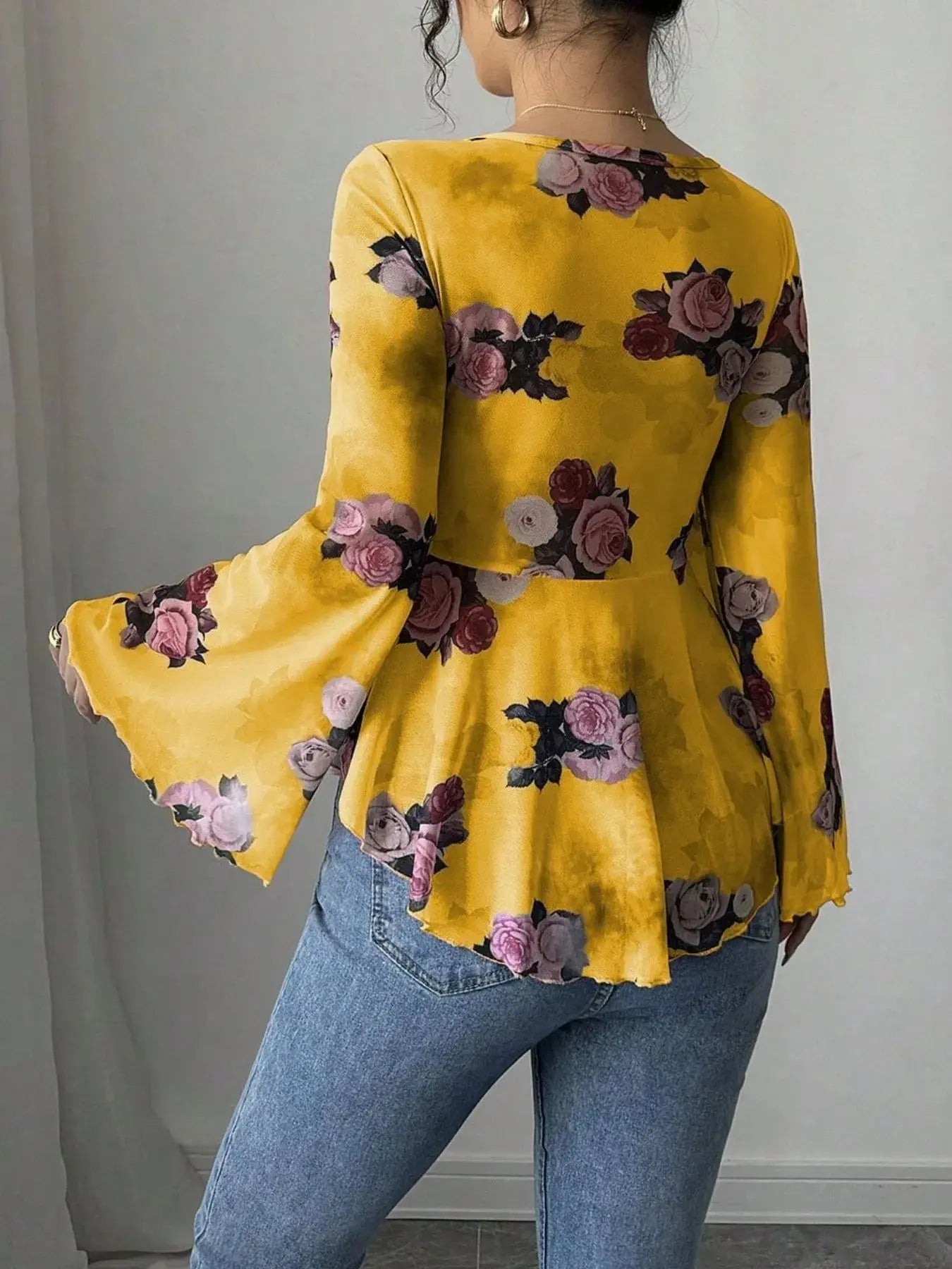 Floral Tie Front Flare Sleeve Blouse - Be Bliss Boutique