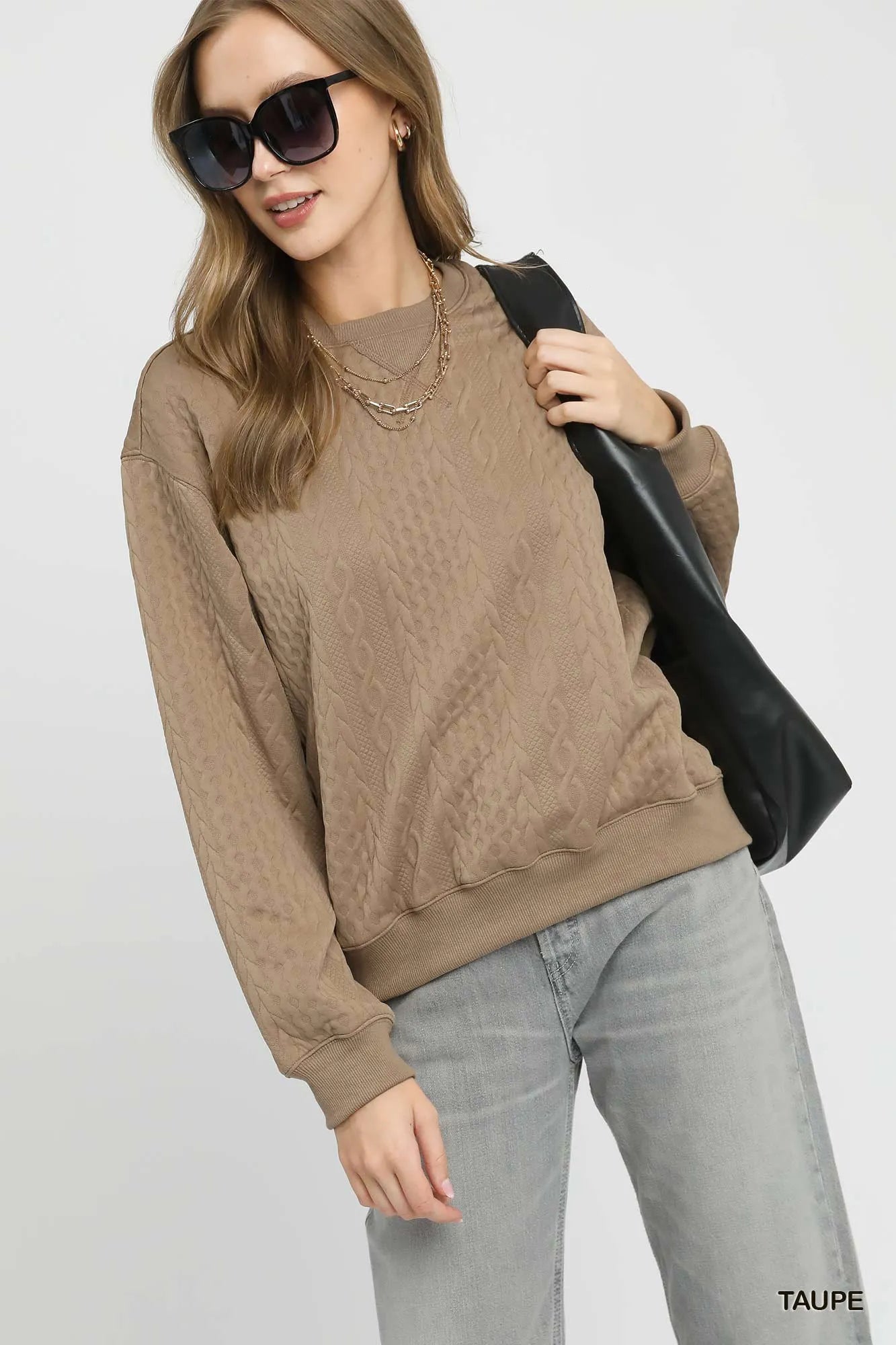 Umgee Texture Pattern Cable Knit Sweatshirt with Ribbed Hem - Be Bliss Boutique