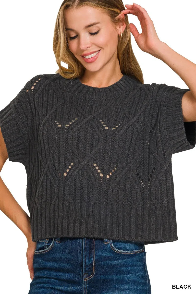Zenana Short Sleeve Cable Knit Sweater - Be Bliss Boutique