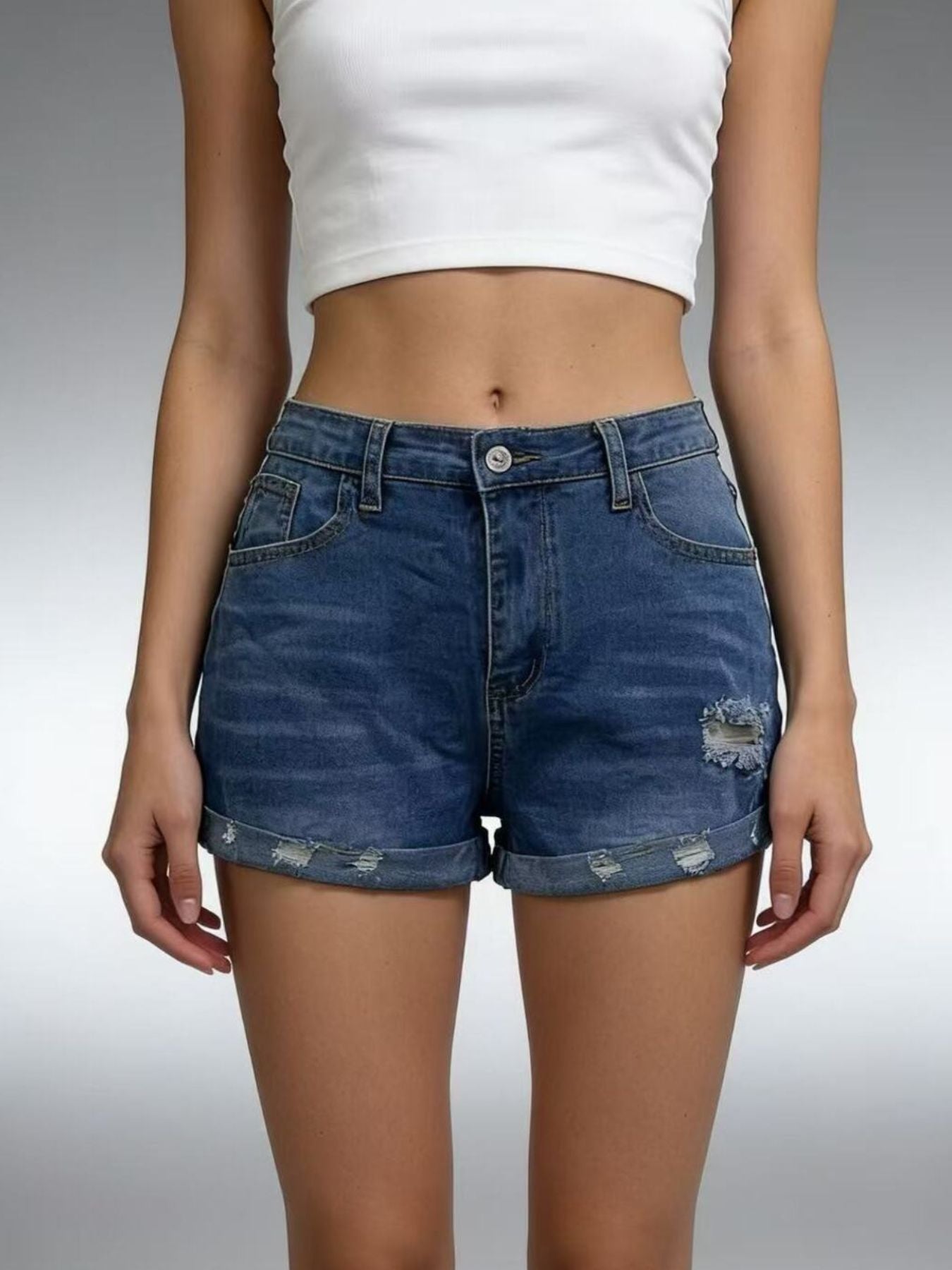 Distressed Denim Roll Up Shorts - Be Bliss Boutique