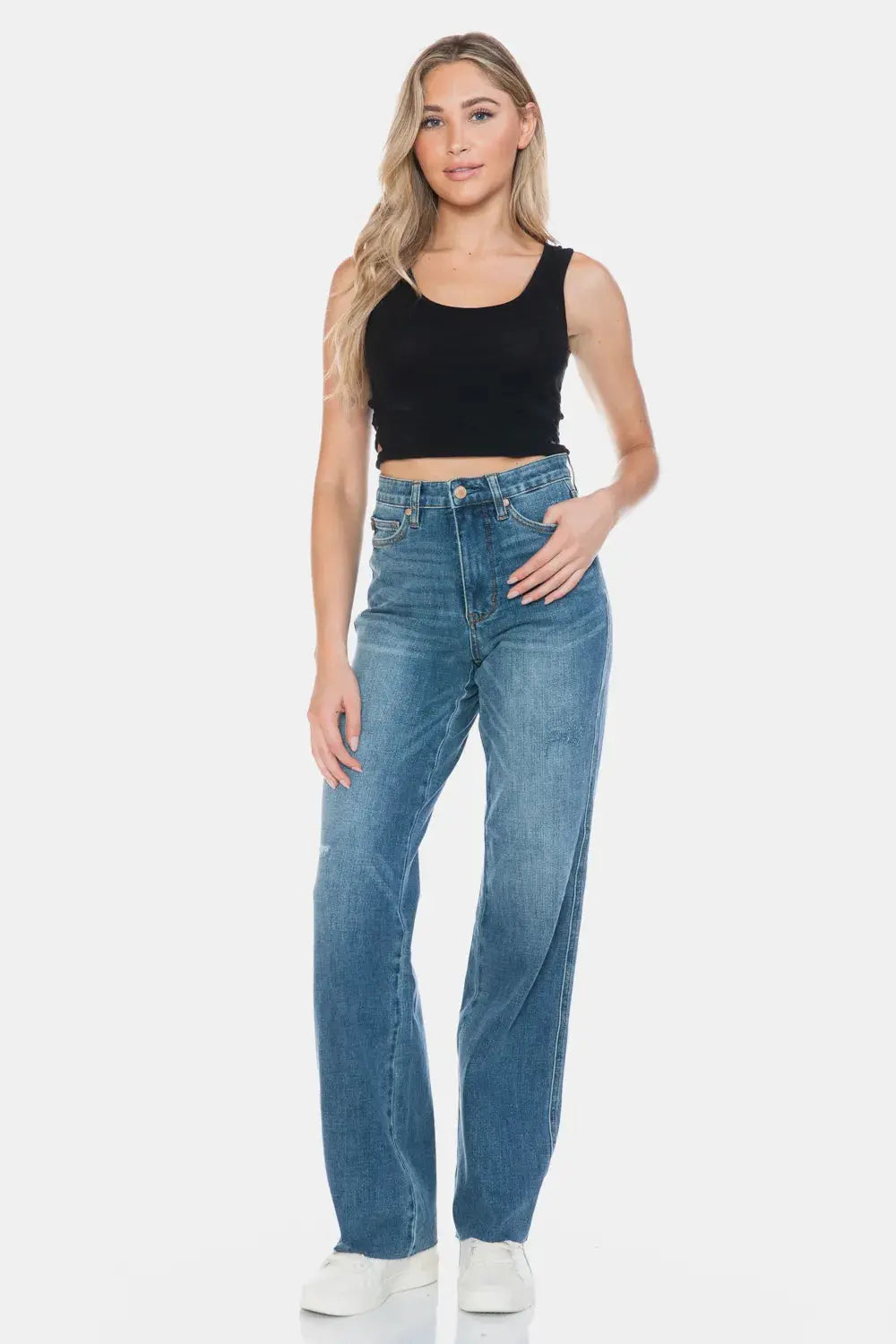 Full Size/Plus Size Tummy Control Cut Raw Hem Straight Judy Blue Jeans - Be Bliss Boutique