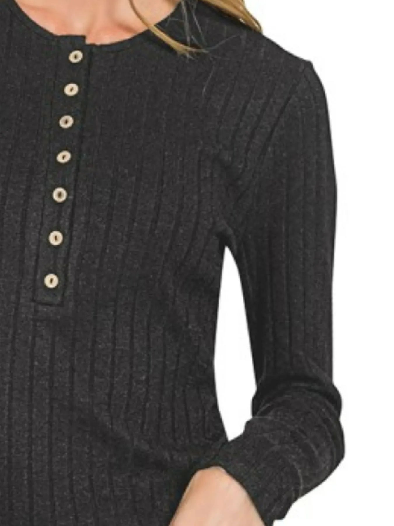 Zenana Black Ribbed Half Button Long Sleeve Top - Be Bliss Boutique