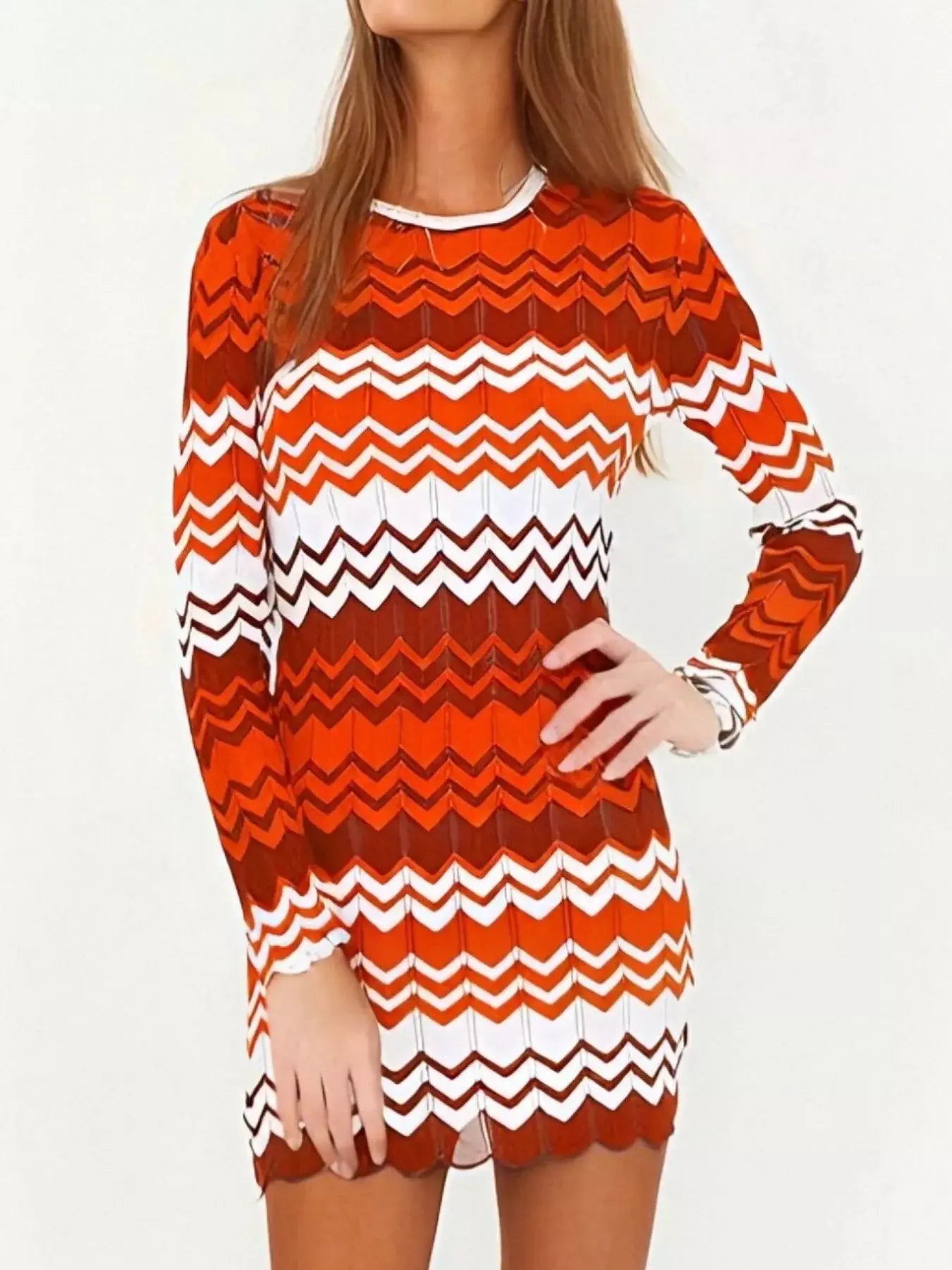Openwork Wave Pattern Long Sleeve Sweater Dress - Be Bliss Boutique