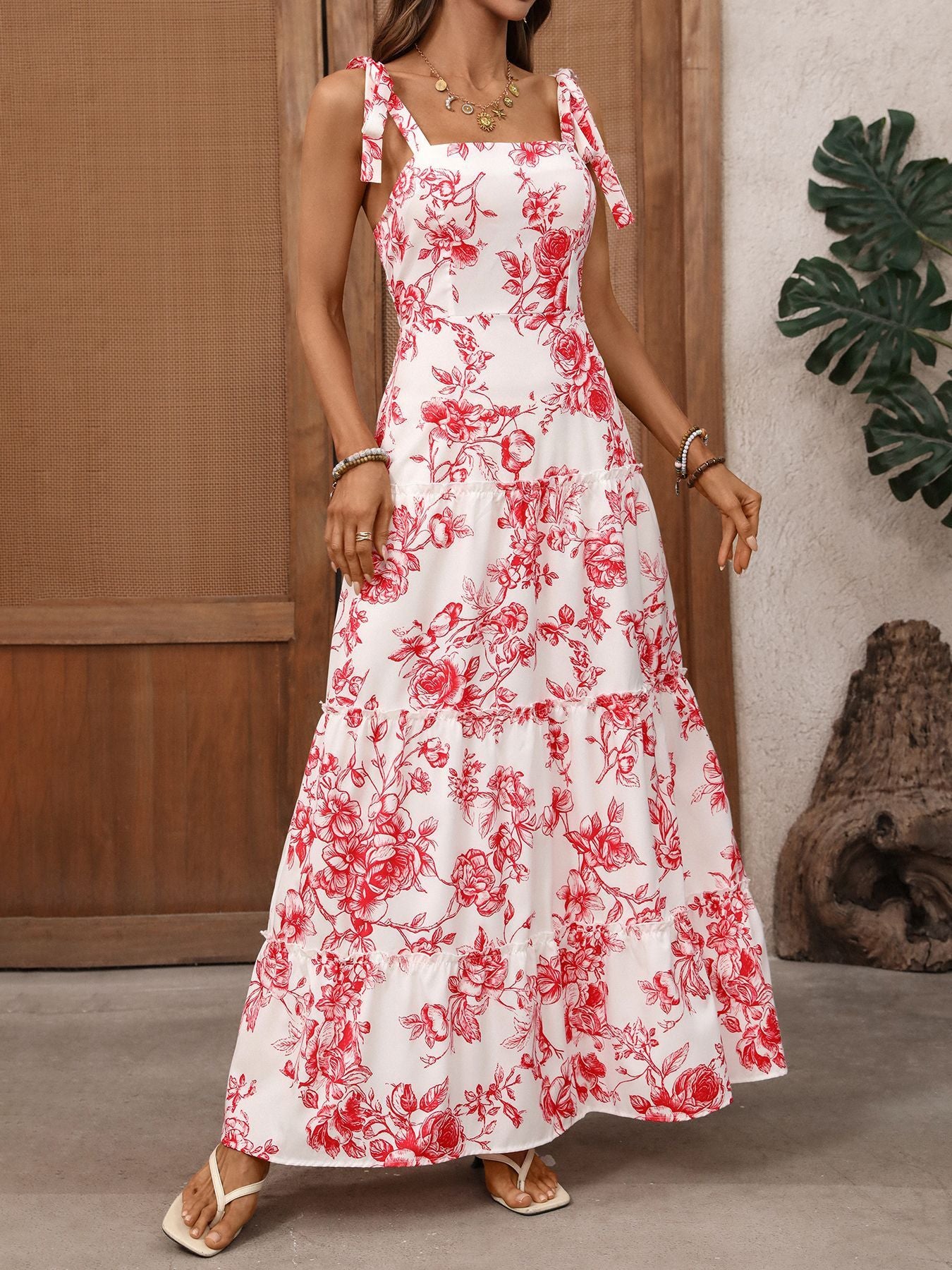 Floral Print Tie Strap Maxi Dress - Be Bliss Boutique