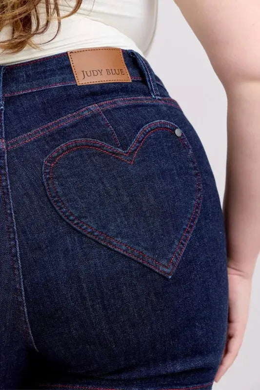 Judy Blue Jeans - Plus Size High Waist Heart Shaped Pockets Denim Shorts with Red Contrast Thread - Be Bliss Boutique